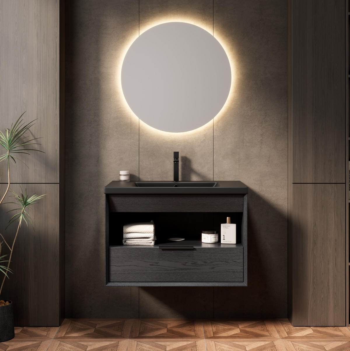 WASCHTISCHKOMBI 75 cm aus Keramik mit Schublade und offenem Regal - Schwarz, Keramik (74.5/51.5/46.5cm) - OKMYHOME