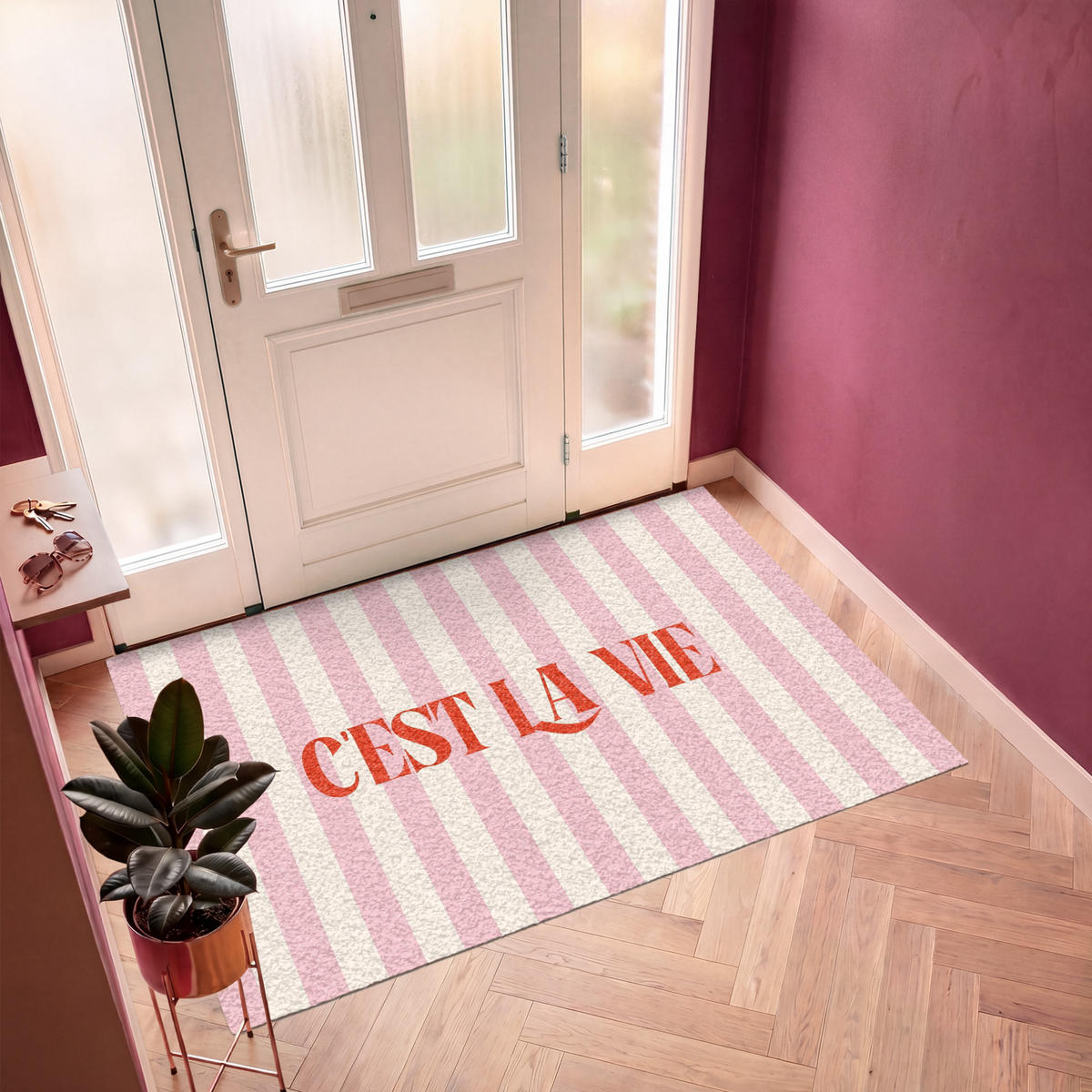 FUSSMATTE Zartrosa – Rot – Streifen – C'est La Vie 180x120 cm - Rosa, Kunststoff (180/0.4cm) - MuchoWow