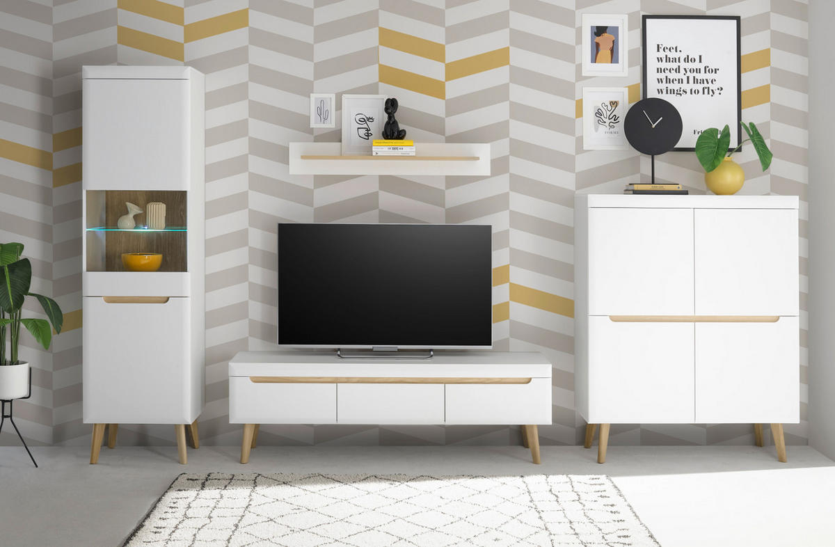 WOHNWAND 4-teilig weiß matt, Eiche, skandinavisch 360 cm, Schrankwand mit Soft-Close-Funktion - Eichefarben/Weiß, Glas/Eichenholz (360/197/40cm) - Furn.Design