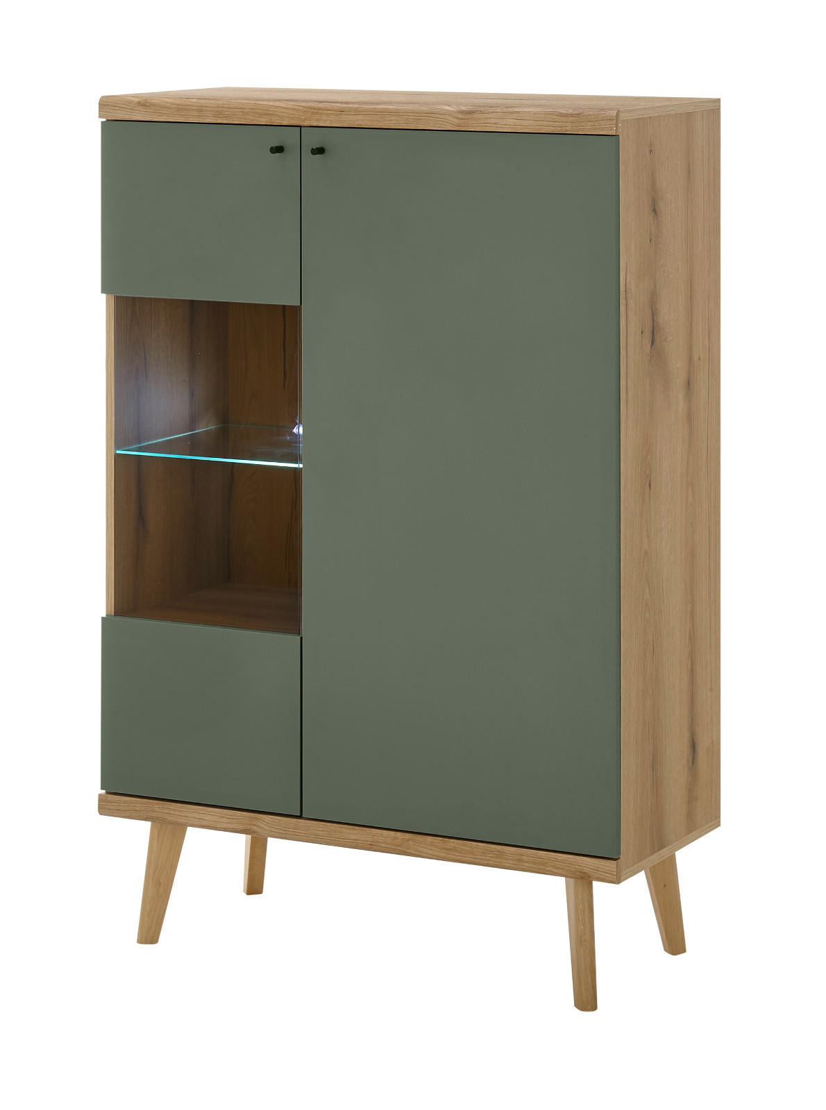 HIGHBOARD Salbei, Eiche Evoke, skandinavisch 90 x 134 cm, Kommode 2-türig mit Glaselement - Salbeigrün/Eichefarben, Glas/Holz (90/134/40cm) - Furn.Design