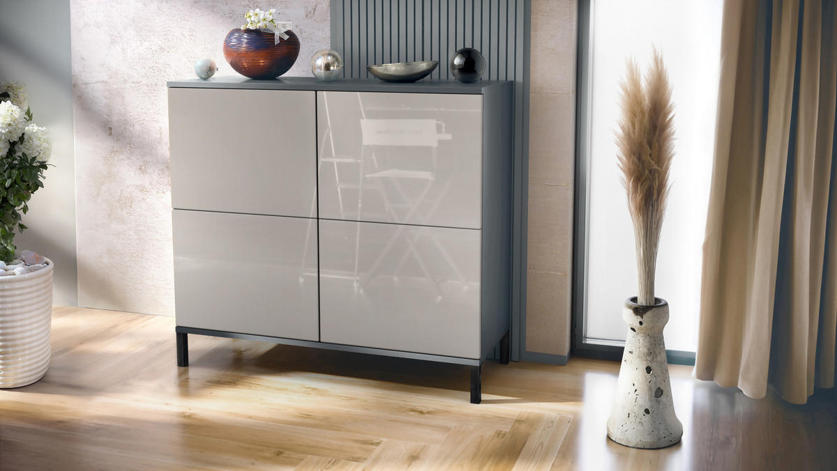 KOMMODE Rova Sandgrau Hochglanz - Sandfarben, Holzwerkstoff (92.5/83.5/35cm) - Vladon