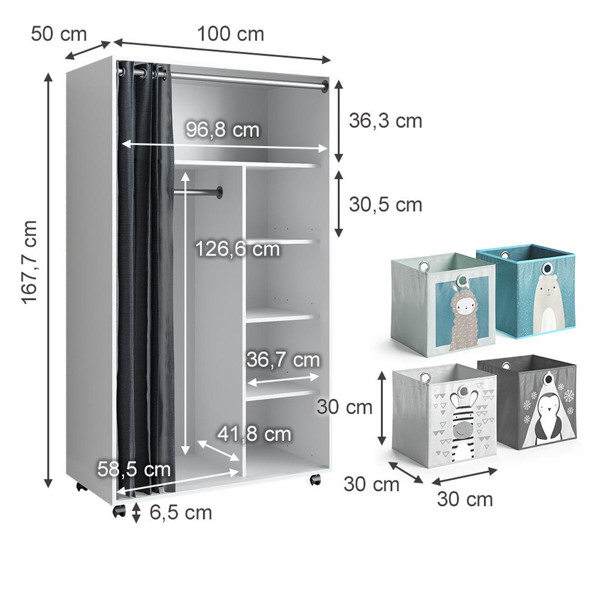 KLEIDERSCHRANK Doros Weiß 100 x 168 cm - Weiß, Holzwerkstoff (100/168/50cm) - Vicco