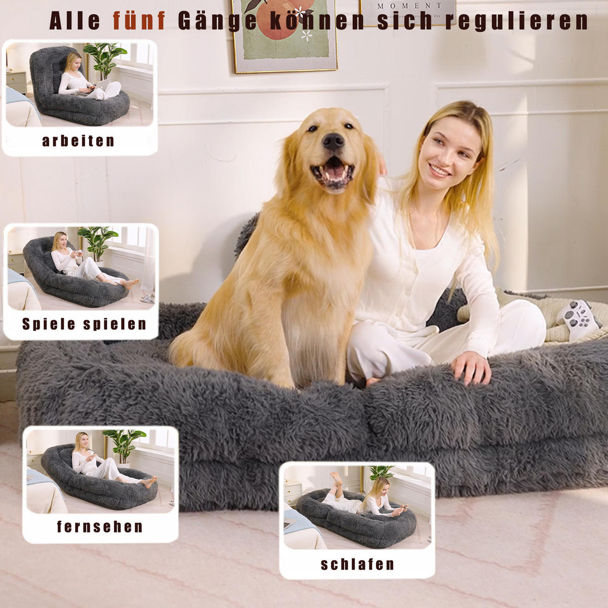 SITZSACK Plüsch Dunkelgrau klappbar und verstellbar - Dunkelgrau, Holzwerkstoff/Textil (89/42/175cm) - WISHDOR