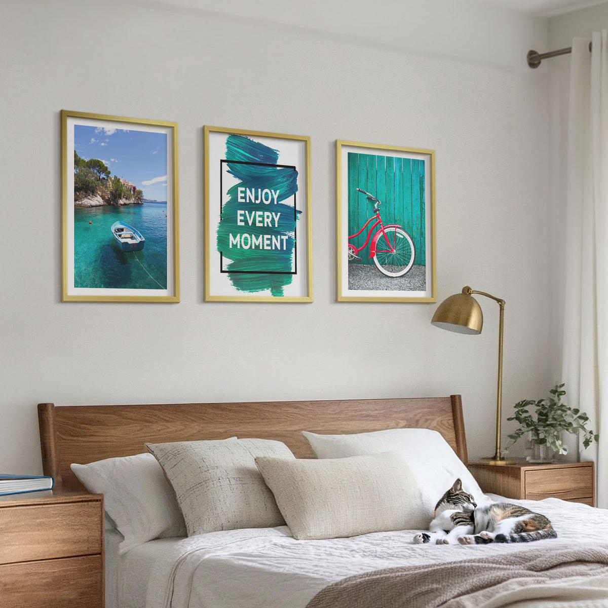WANDBILDER 3er Set - 40x60 cm Goldrahmen - Inspiration für ein Fahrrad mit Seeboot - Goldfarben, Kunststoff (40/60cm) - ArtPrintCave
