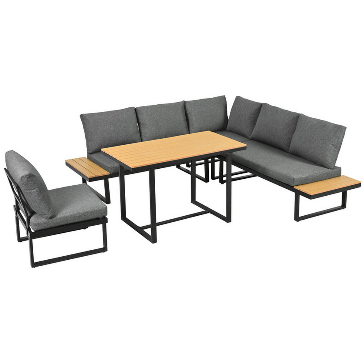 GARTEN-ESSGRUPPE GRAU mit 5-stufig verstellbarer Lehne und Kunststoff-Holz-Tisch - Grau, Textil - BLACKCUP