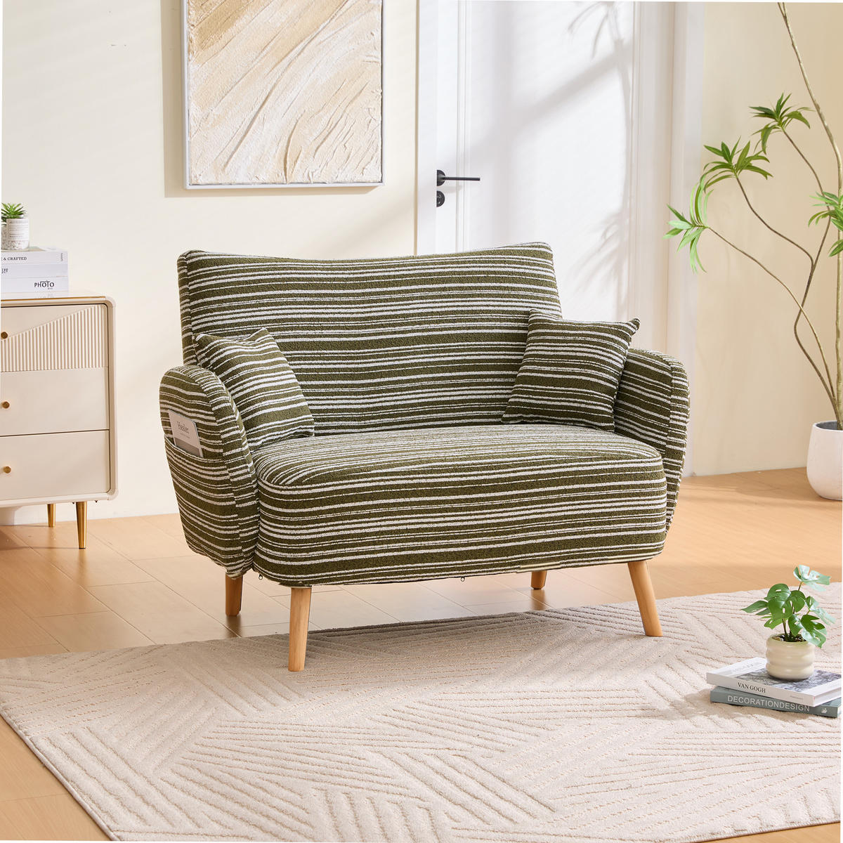 2-SITZER SOFA Bouclé Olivgrün mit Seitentaschen - Olivgrün, Holz/Holzwerkstoff (121/87/81.5cm) - WISHDOR