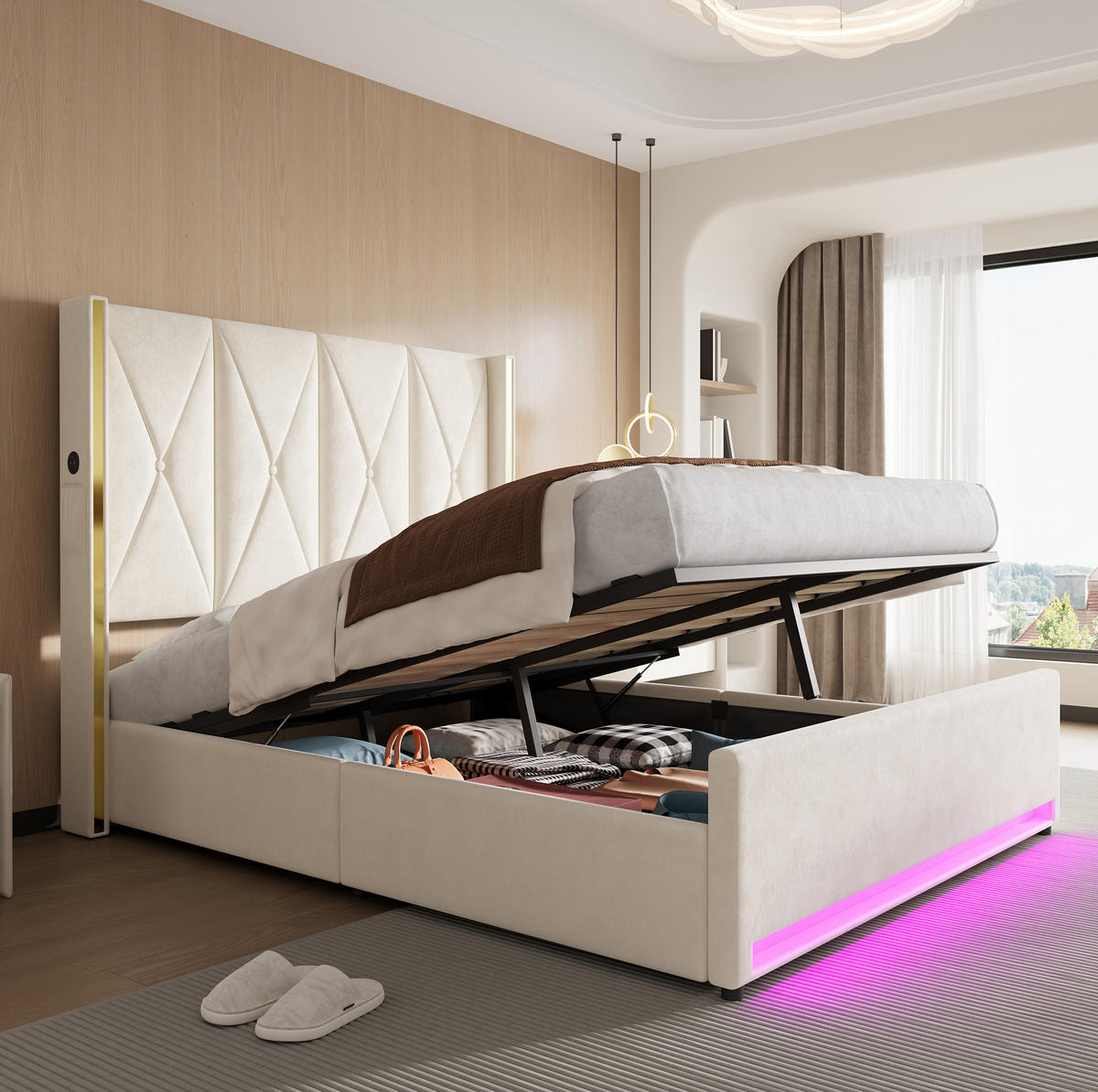 POLSTERBETT 160/200 cm in Beige Samt mit Bettkasten, USB, Type-C und LED - Beige, Holzwerkstoff/Textil (160/200cm) - WISHDOR