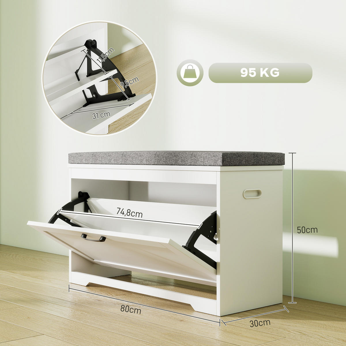 SCHUHBANK Weiß Grau 80/30/50 cm - Weiß/Grau, Holzwerkstoff (30/50/80cm) - PANGIVO