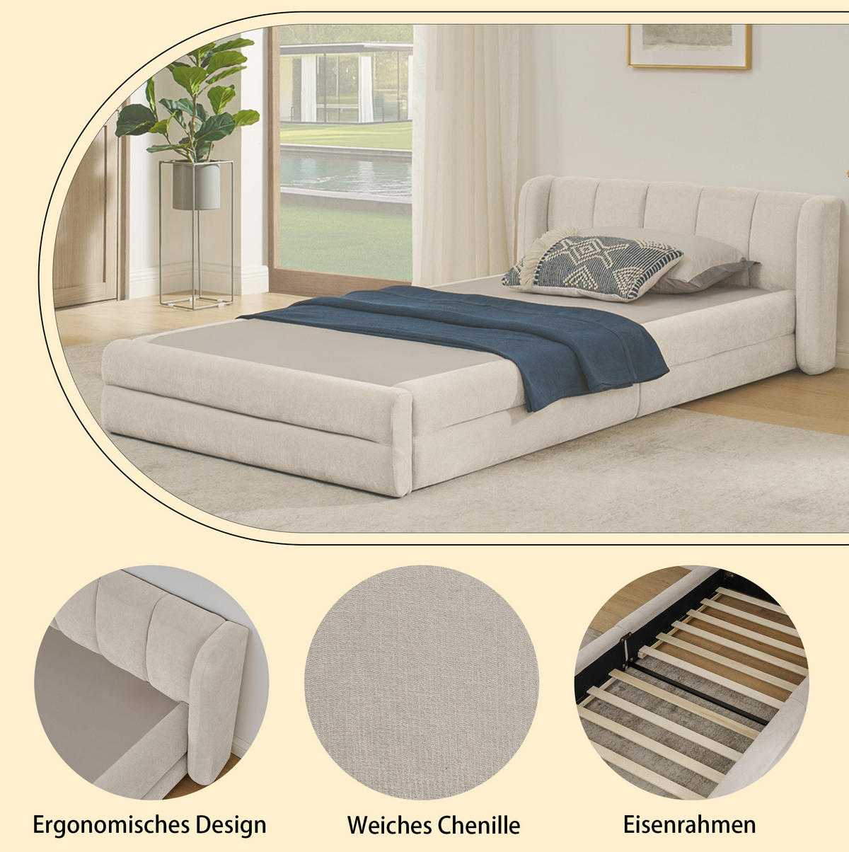 KINDERBETT Einzelbett 90/200 cm aus Chenille mit ergonomischem Kopfteil Beige - Beige, Kunststoff (90/200cm) - Modenvie