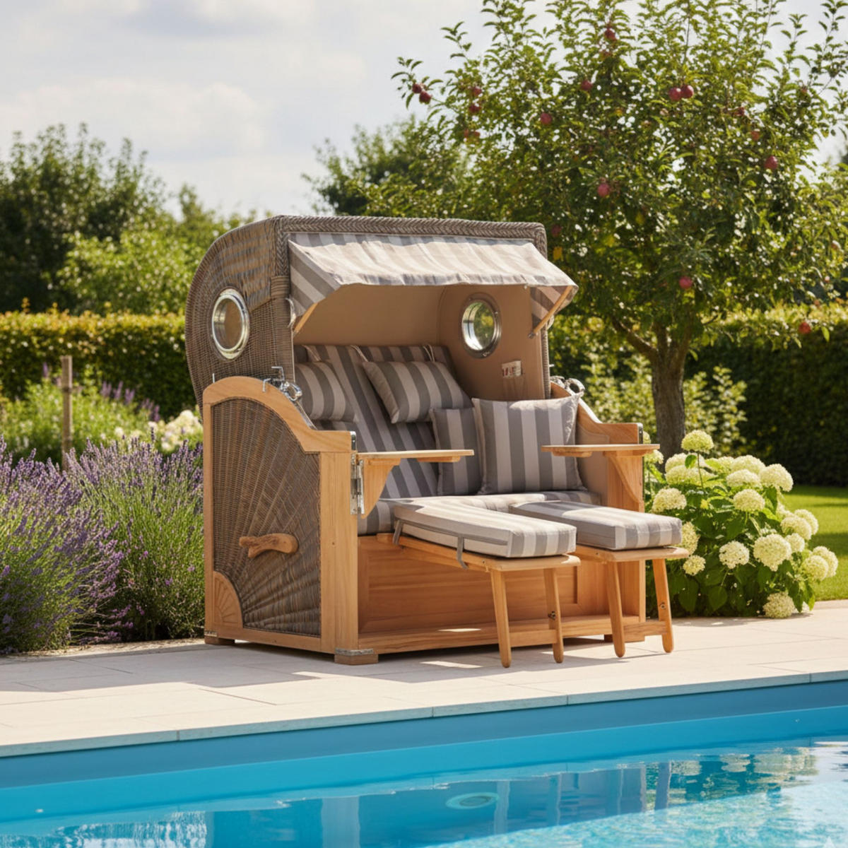 STRANDKORB Baltikum Teak 2,5 Sitzer - Braun/Grau, Holz/Metall (142/170/95cm) - Mr. Deko