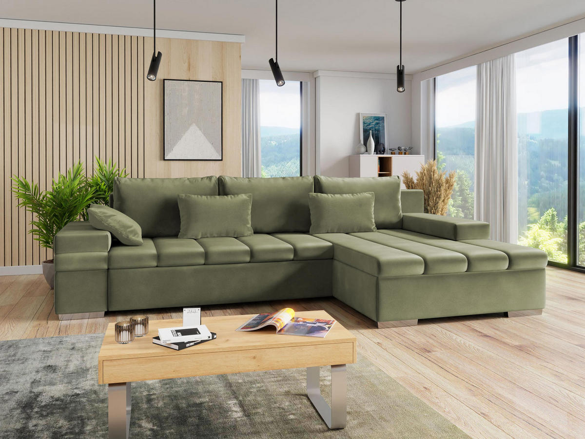 ECKSOFA Bangkok, Seite: Rechts - Silberfarben/Hellgrün, Holz/Textil (310/175cm) - MIRJAN24