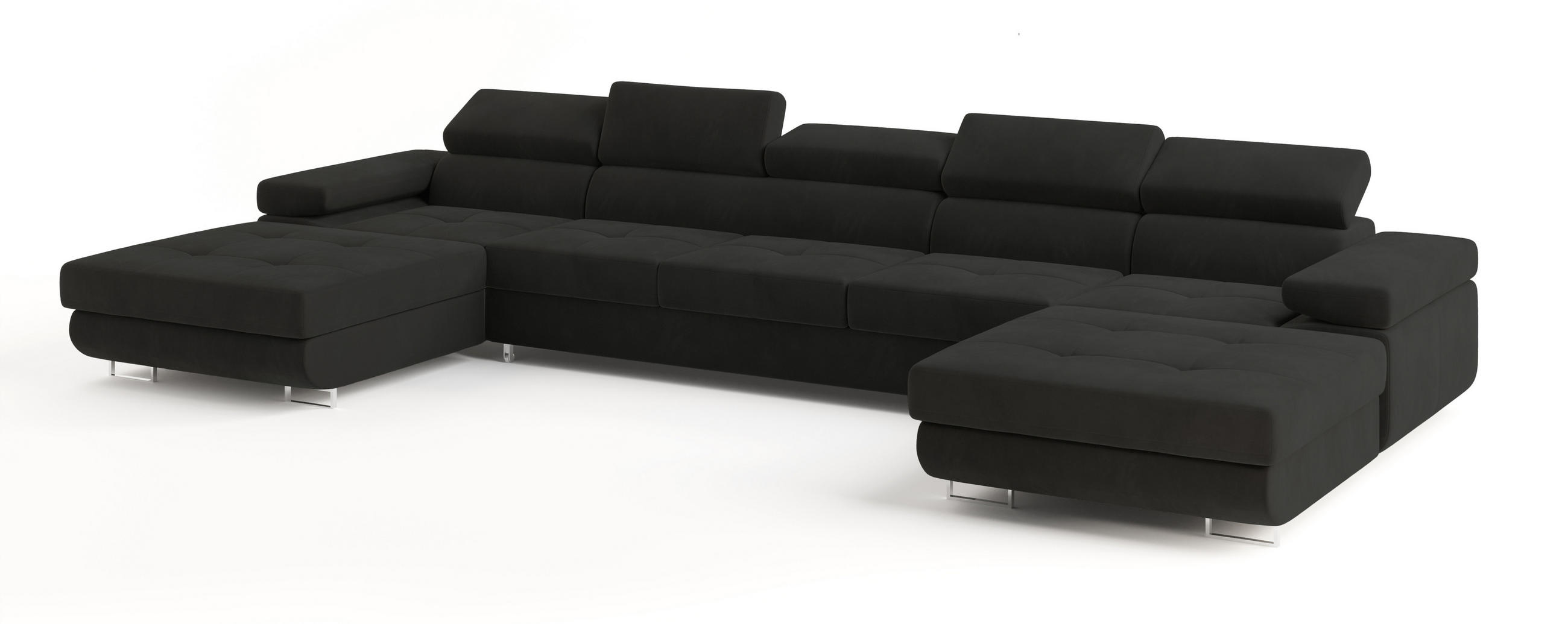 WOHNLANDSCHAFT OMBRA Schwarz Velours-Stoff mit Schlaffunktion - Schwarz, Holz (425/90/202cm) - MASSENO