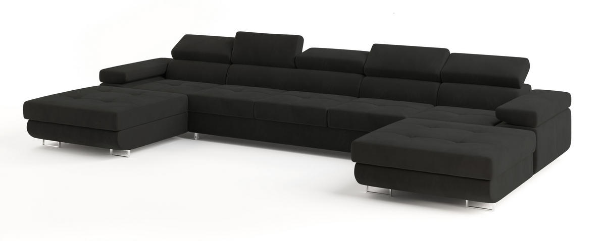 WOHNLANDSCHAFT OMBRA Schwarz Velours-Stoff mit Schlaffunktion - Schwarz, Holz (425/90/202cm) - MASSENO