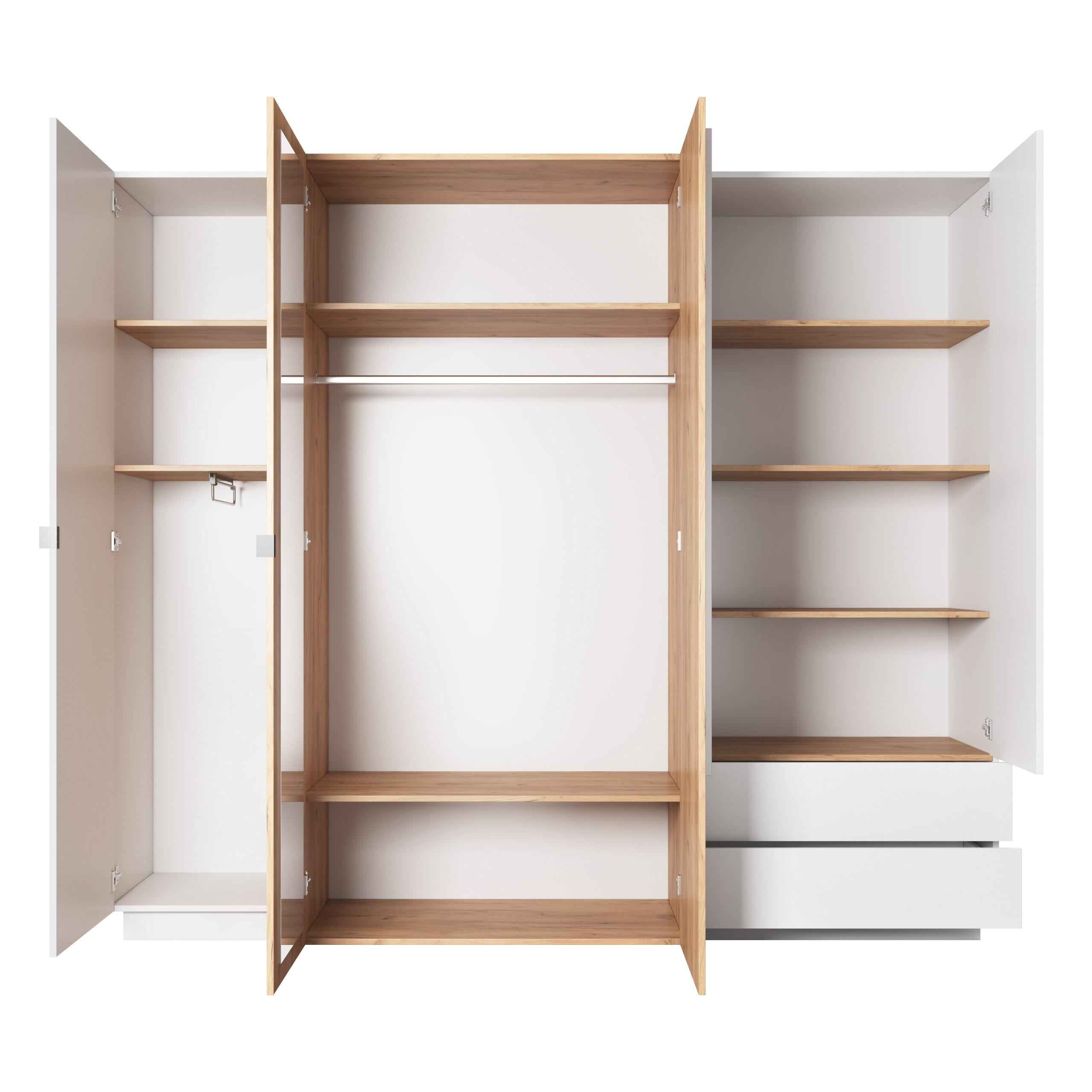 Thumbnail - Masseno Drehtürenschrank, Weiß, Holzwerkstoff, 7 Fächer, 2 Schubladen, Rechteckig, 230x201.8x51.6 cm, Schlafzimmer, Klei...