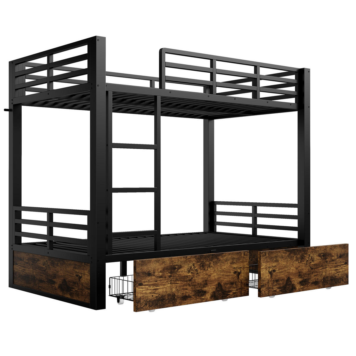 ETAGENBETT Metall 90x200cm, Schubladen, Leiter, Geländer, platzsparend, Schwarz - Schwarz, Metall (90/200cm)