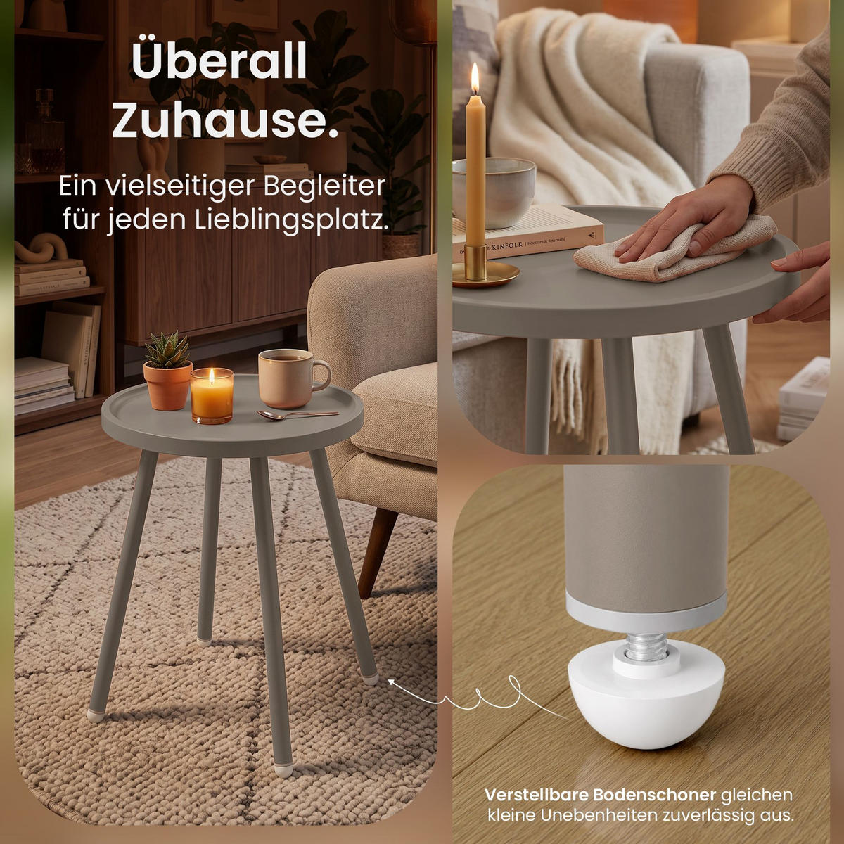 BEISTELLTISCH rund 40 cm Kunststoff Taupe - Taupe, Kunststoff/Metall (40/40/45cm) - CLP