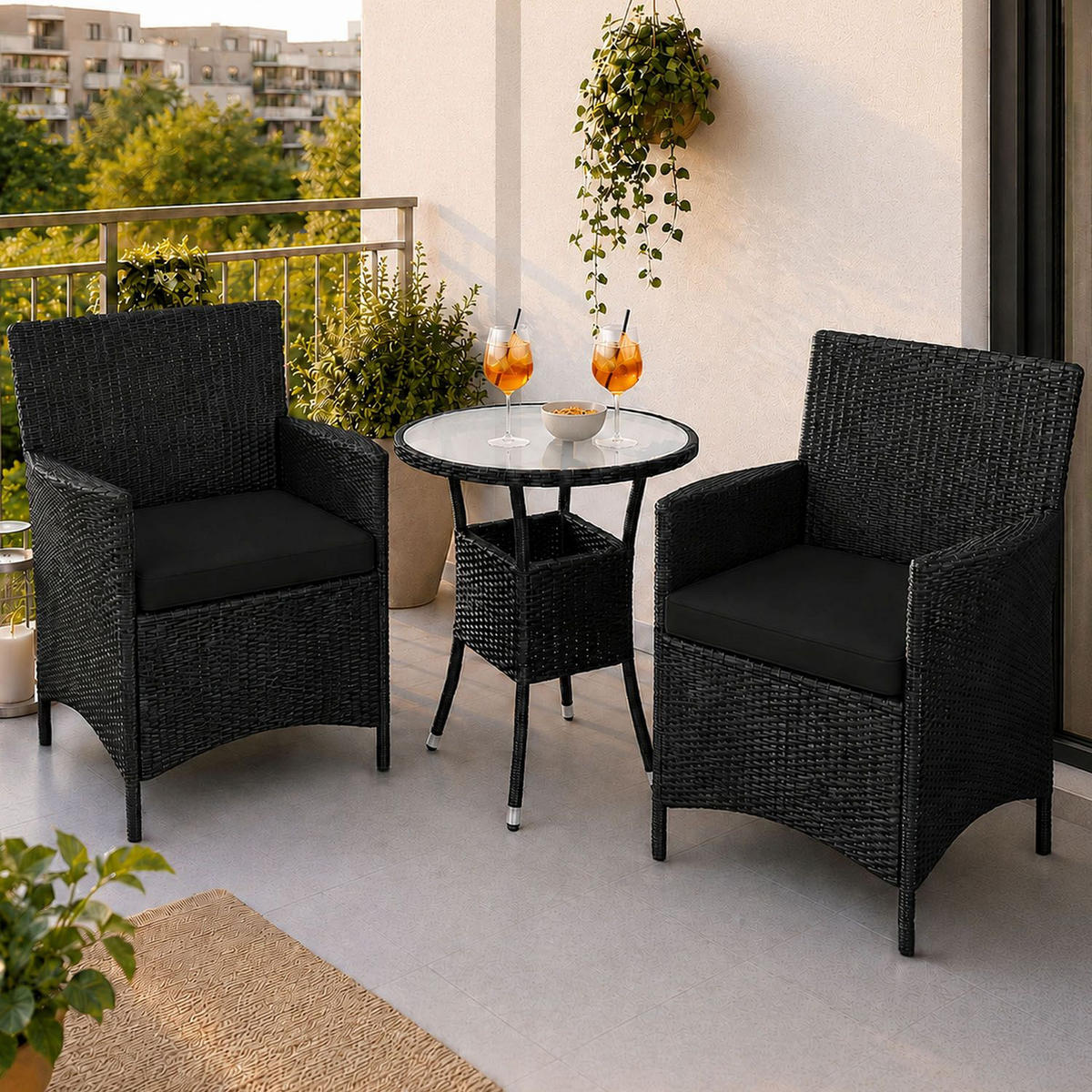 BALKON-SET Bayamo Polyrattan schwarz/dunkelgrau (3-tlg.) - Schwarz, Kunststoff - Juskys