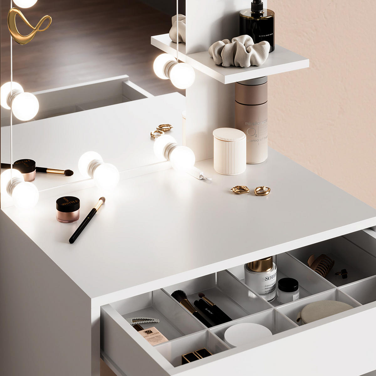 SCHMINKTISCH Nola Weiß 60 cm mit LED Beleuchtung - Weiß, Holzwerkstoff (60/140/40cm) - Livinity®