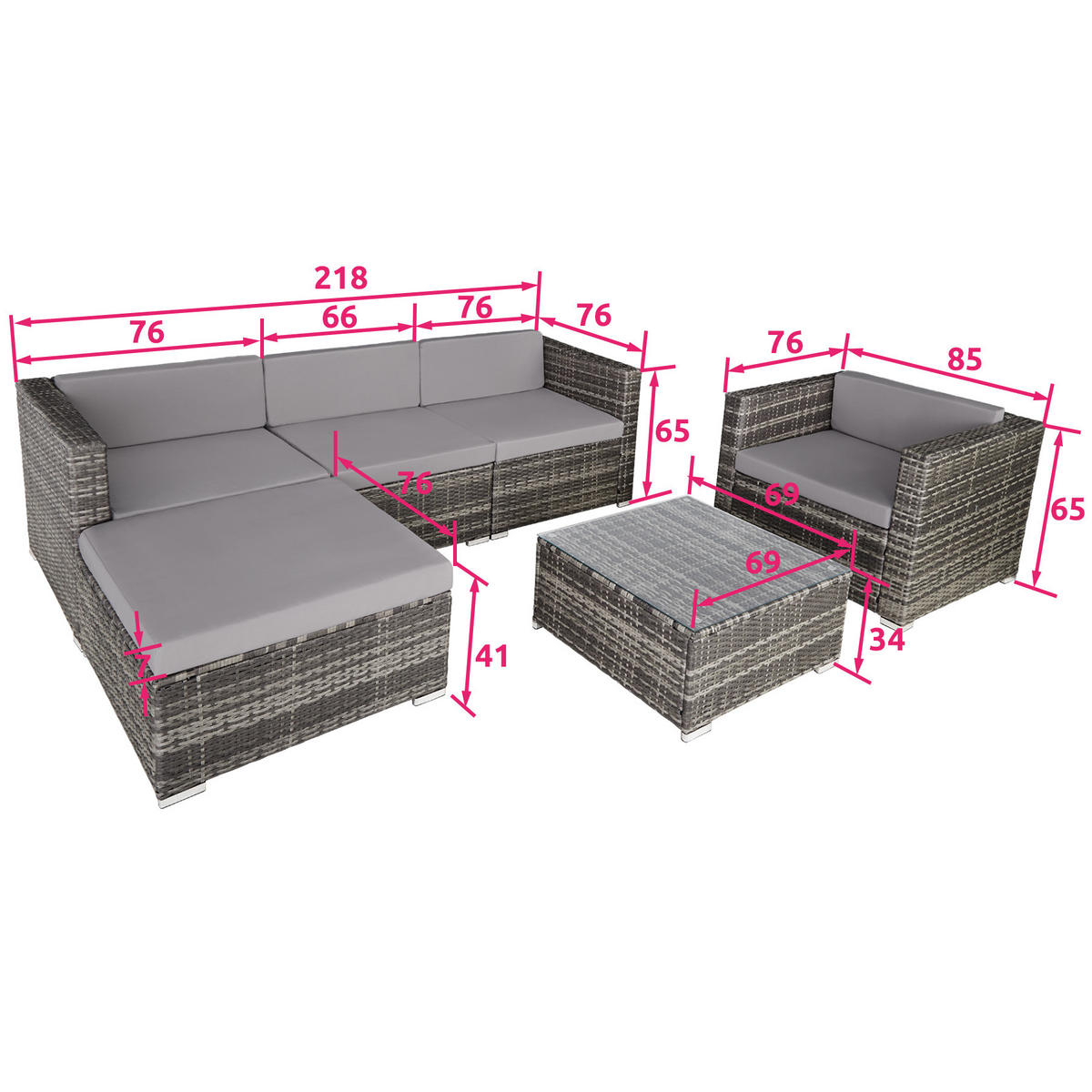 RATTANLOUNGE Milano, mit Sicherheitsglasplatte, grau - Grau, Kunststoff - tectake