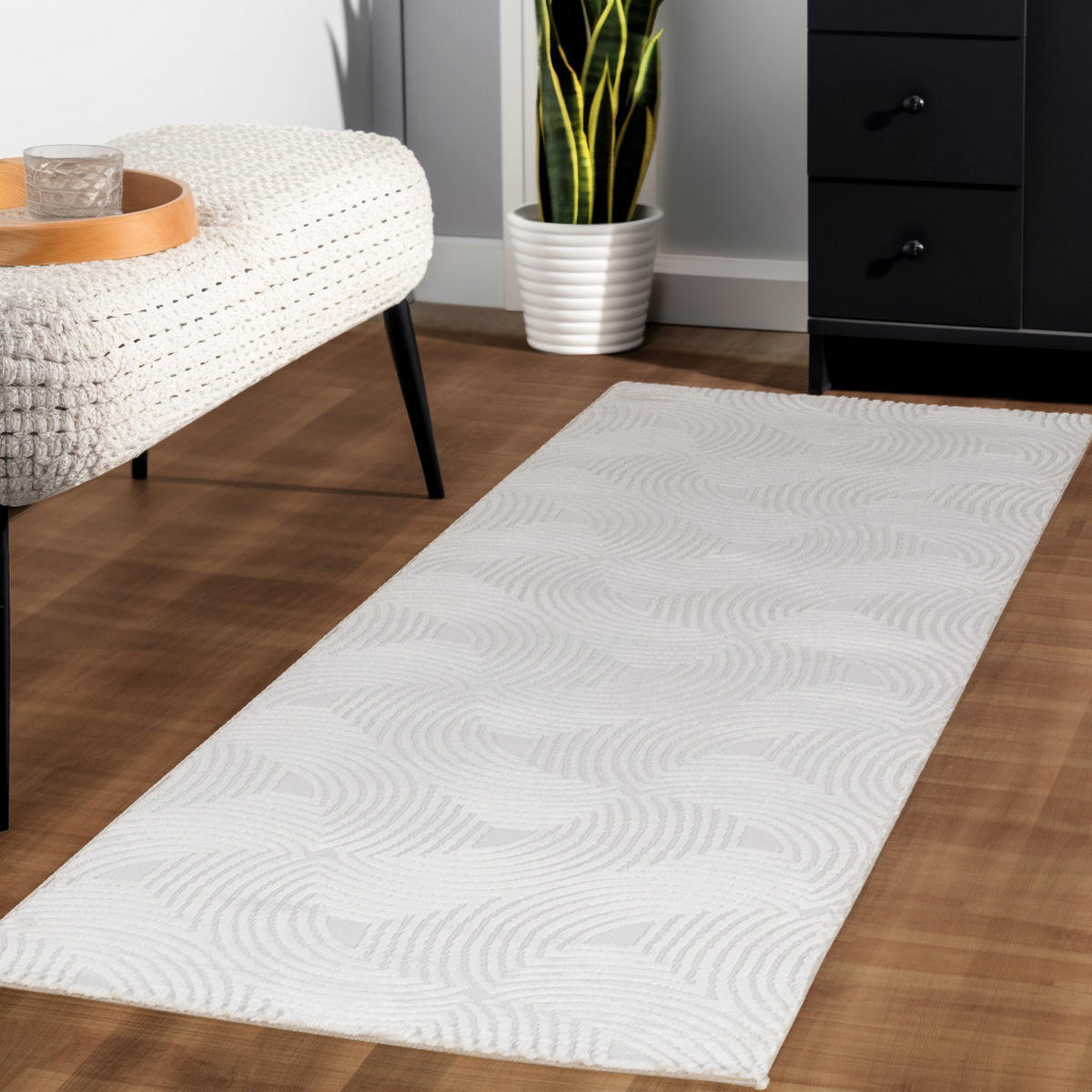 TEPPICH Kurzflor Skulptural Modern Waschbar Schlafzimmer Läufer Creme 80x250 cm – ILLER - Beige, Textil (80/250cm) - KADIMA DESIGN
