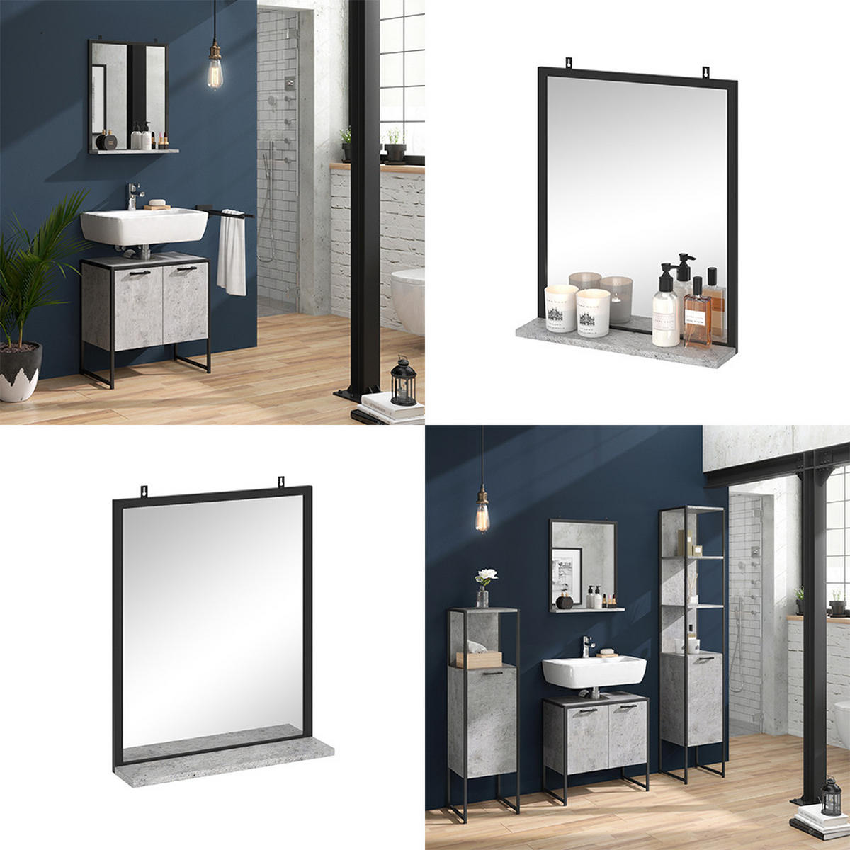 BADEZIMMERSPIEGEL Fyrk Beton 50 x 60 cm - Schieferfarben/Schwarz, Glas (50/60/12cm) - Vicco