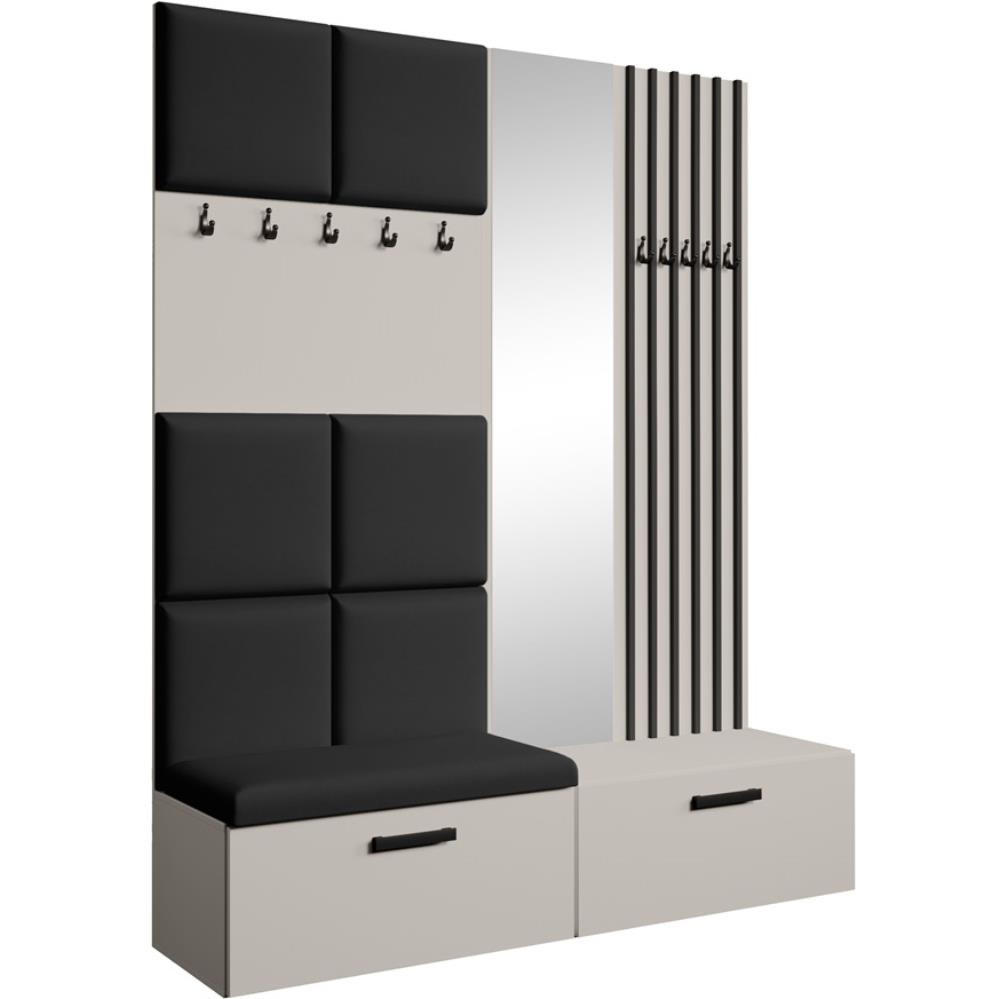 Beautysofa PŘEDSÍŇOVÁ sestava Margaret I+II 162/203/43 s čalouněnými panely / lamelami / zrcadlem, kašmírová|černá