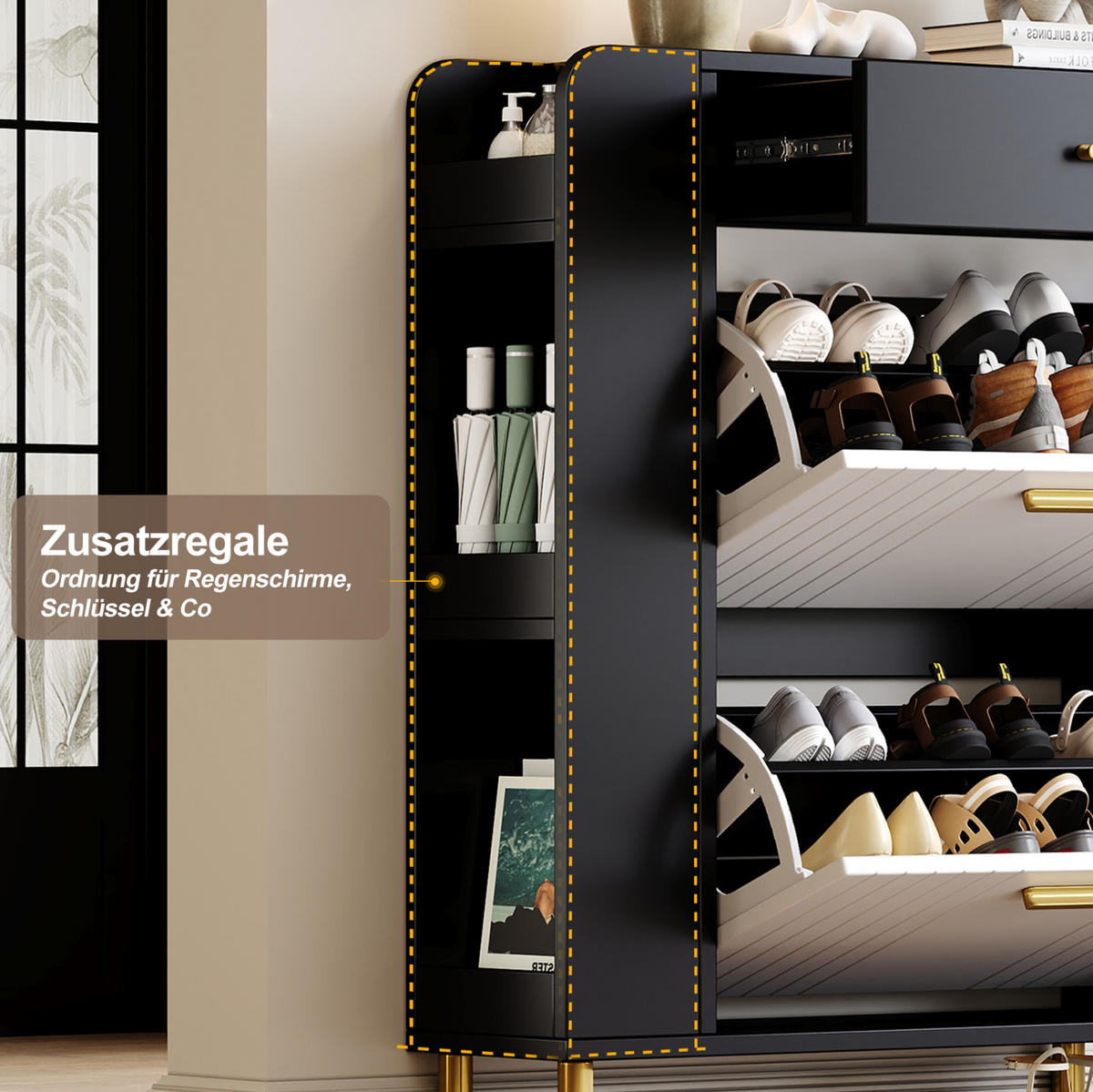 SCHUHSCHRANK aus MDF & Spanplatte 80x24x105cm in Schwarz mit 2 Klappen - Schwarz, Holzwerkstoff (80/105/24cm) - Modfu