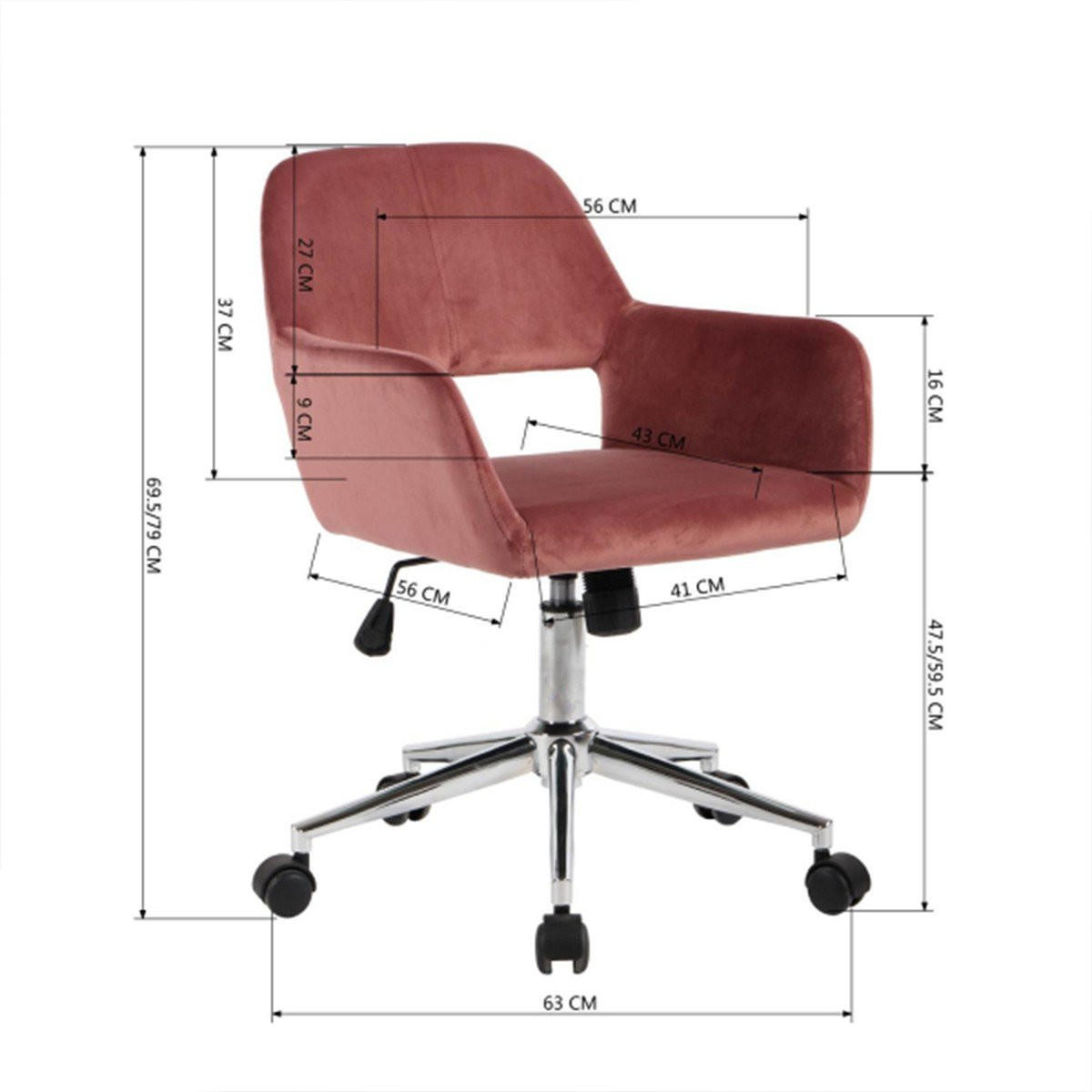 NASTAVITELNÁ sametová kancelářská židle - Ross - růžová, kov (55/85/56cm) - Calicosy