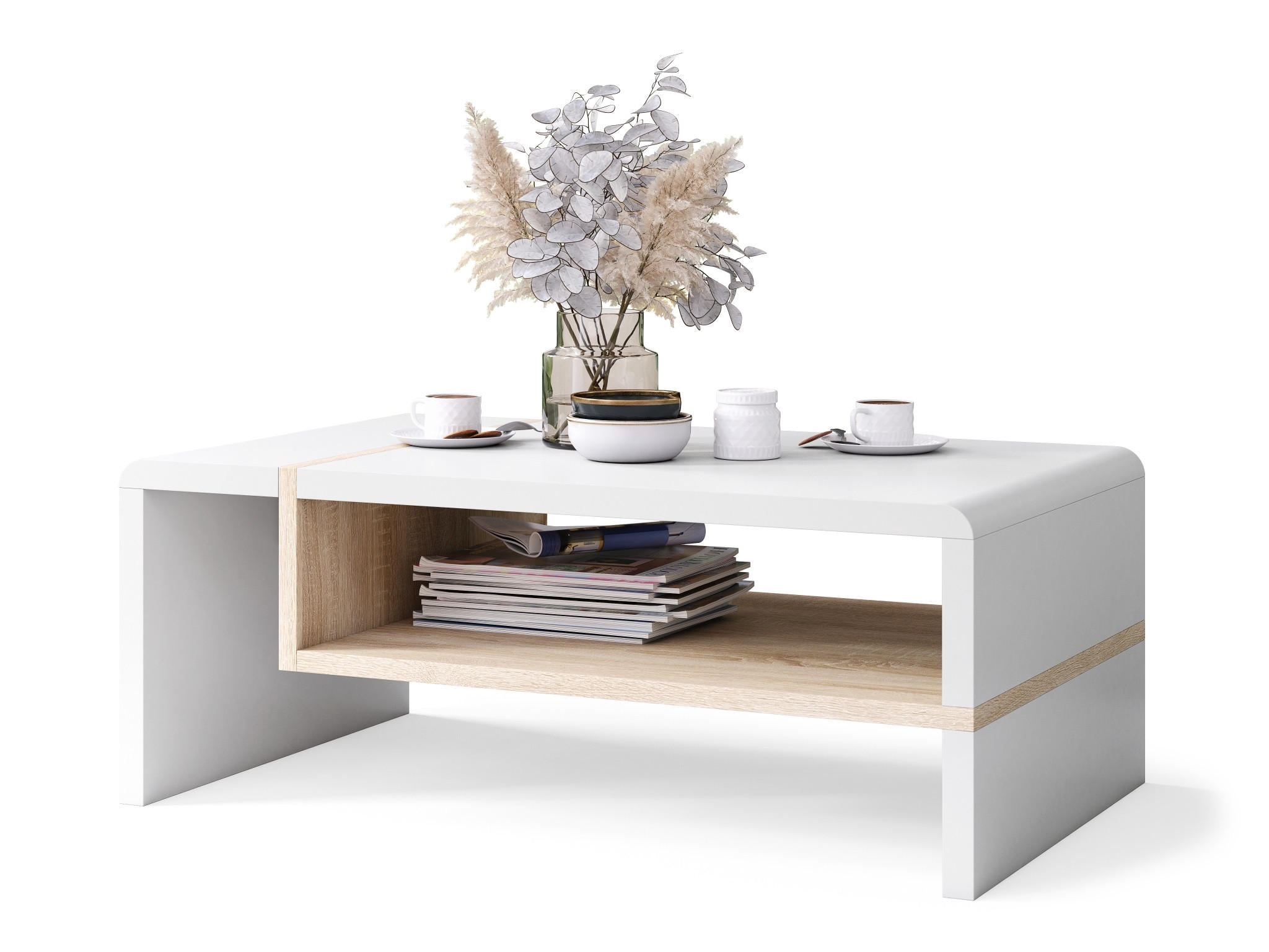 designimpex Couchtisch Weiß, Sonoma Eiche 100x40x60 cm