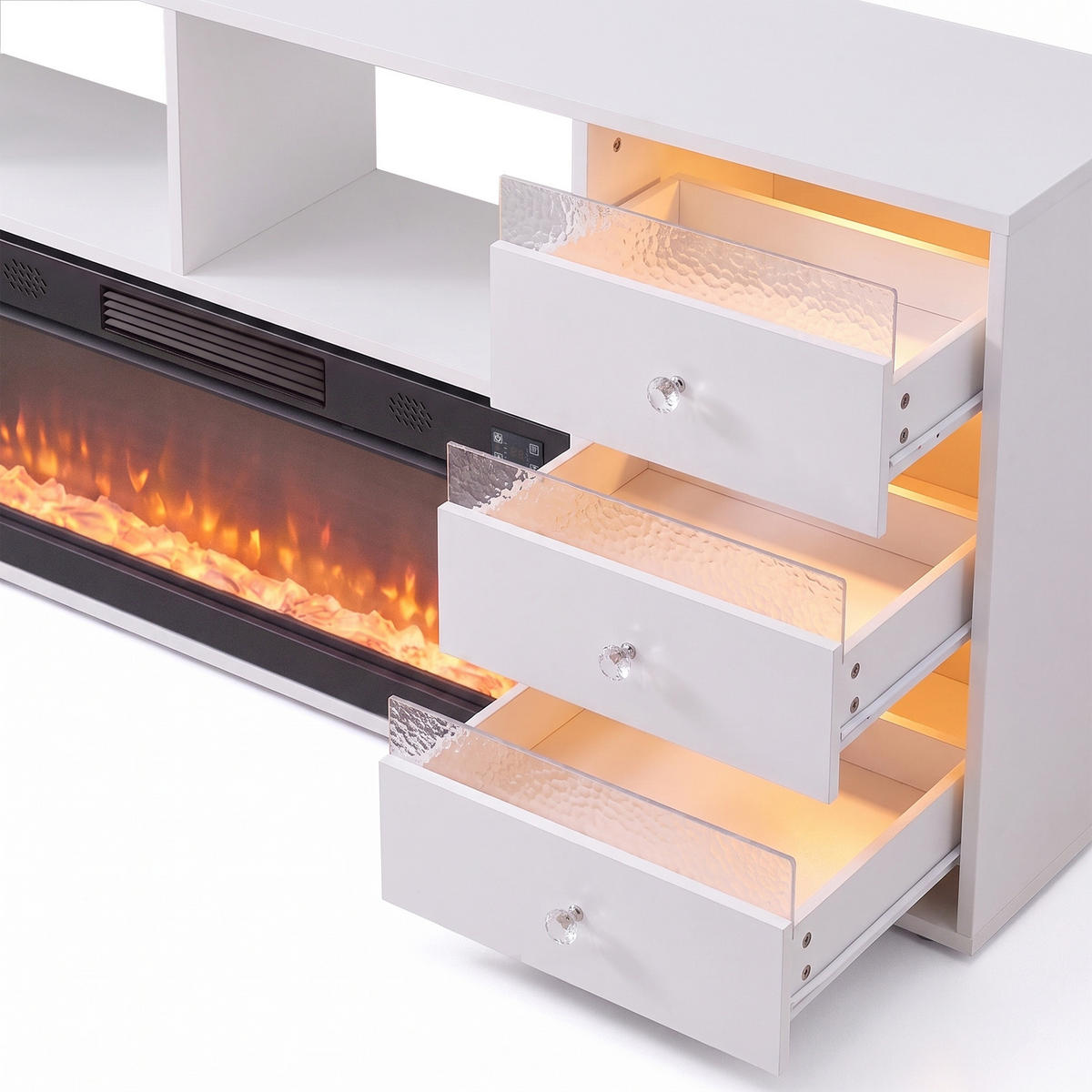TV-SCHRANK mit Elektrokamin Beleuchtung RGB Lowboard 6 Schubladen Weiβ 180/40/65CM - Weiß, Metall (180/65/40cm) - VANITII