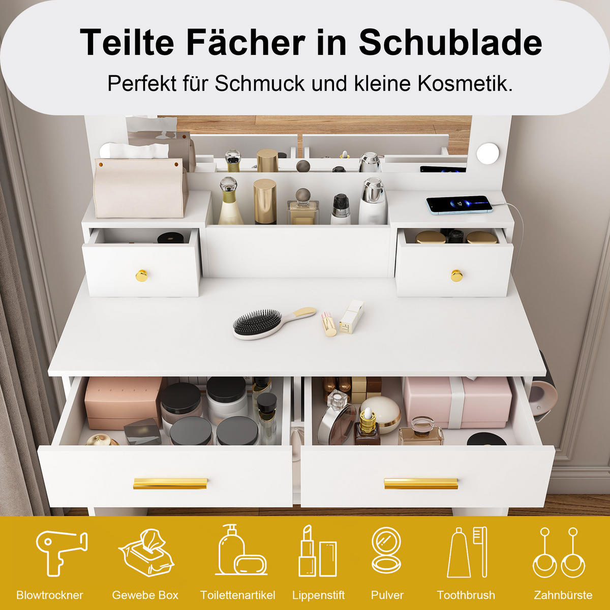 SCHMINKTISCH in Weiß Frisiertisch mit LED 3-stufig Steckdose Föhnhalter 4 Schubladen Stauraum Hocker , B80/T40/H137cm - Weiß, Glas/Holzwerkstoff (80/137/40cm) - STILVORA