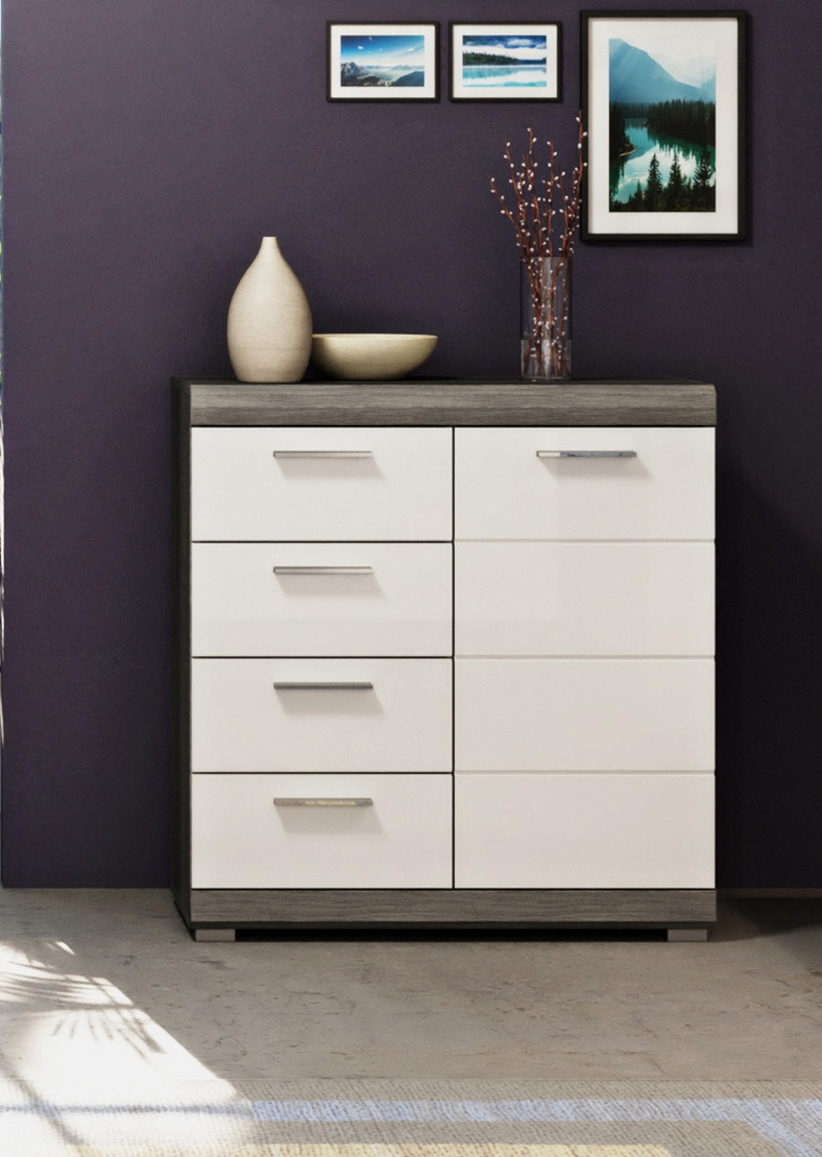 KOMMODE weiß Hochglanz, Rauchsilber grau 80 x 85 cm, 4 Schubladen - Weiß Hochglanz/Silberfarben, Holzwerkstoff/Kunststoff (80/85/37cm) - Inn.Furn