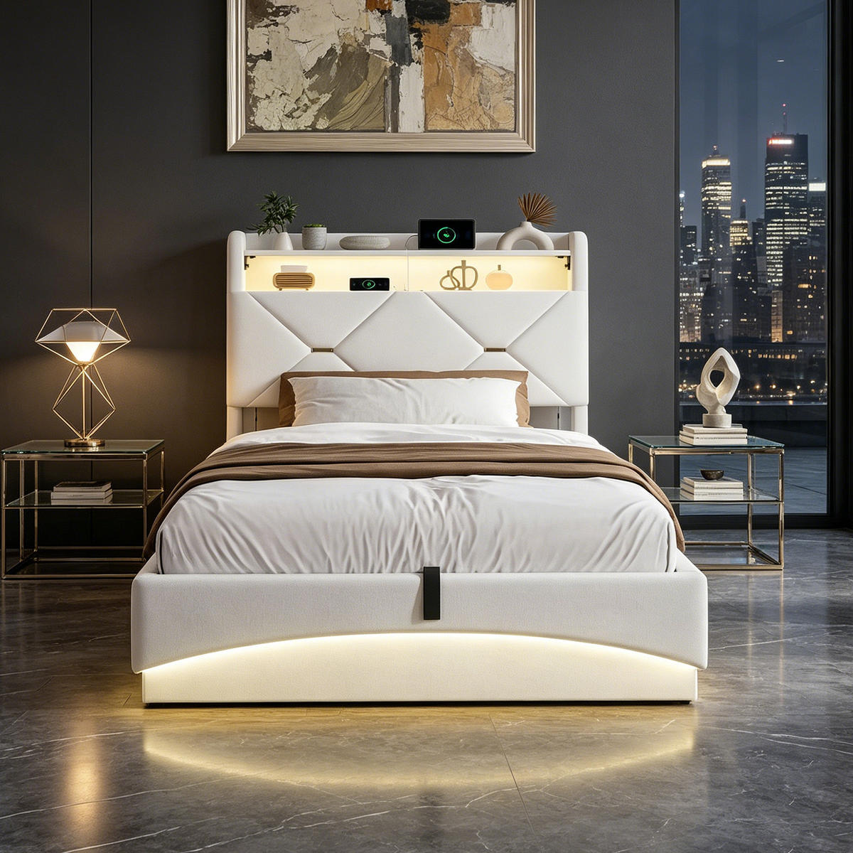 POLSTERBETT 90 x 200, Einzelbett mit Bettkasten und Lattenrost, LED, USB, Samt, beige - Beige, Holzwerkstoff/Textil (90/200cm) - GENKI LIVING