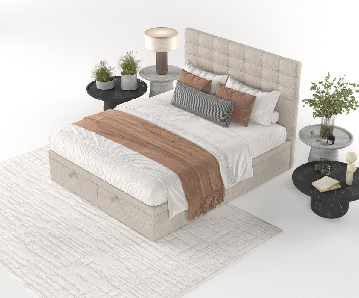 POLSTERBETT Callo mit Stauraum 200/200 cm Hellbeige im Megan Stoff - Sandfarben/Schwarz, Holz/Holzwerkstoff (200/200cm) - AltaBeds