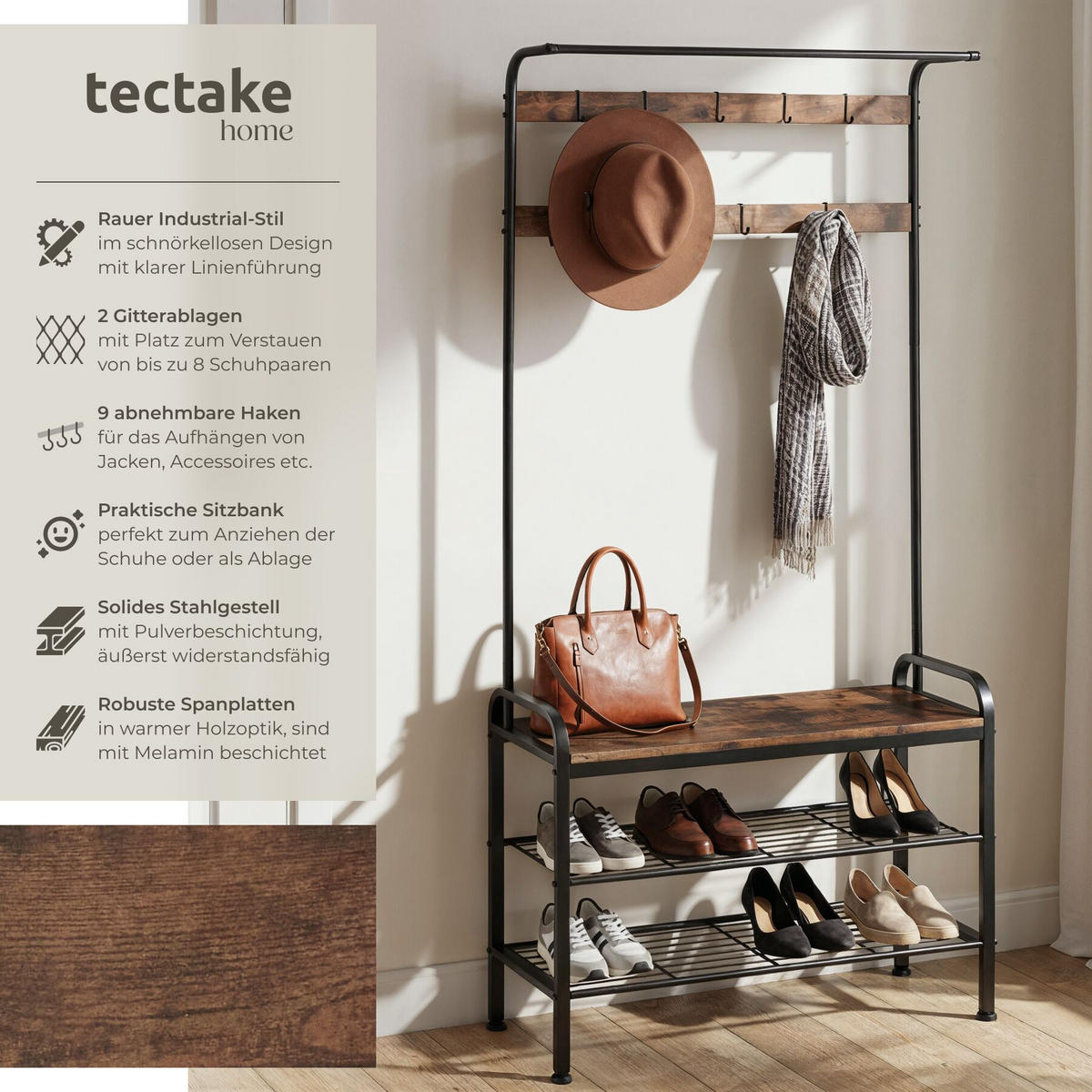 GARDEROBENSTÄNDER Alberta, inklusive Kippschutz, 85,5 x 36 x 184 cm, Industrial Holz dunkel, rustikal - Rostfarben, Textil (36/184/85.5cm) - tectake