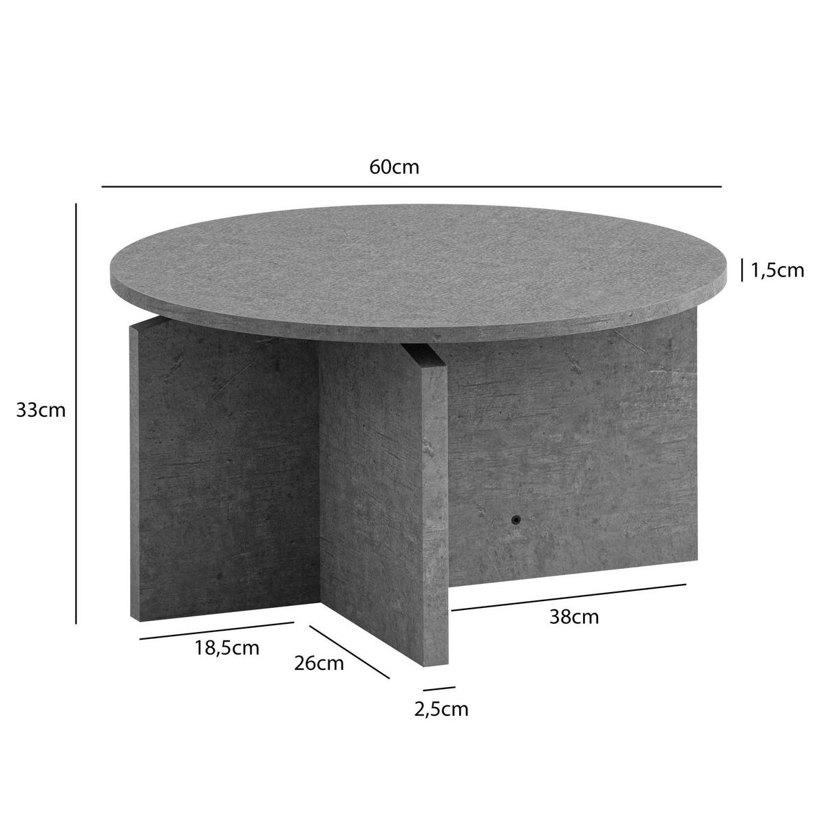 COUCHTISCH rund in Stein-Optik – modernes Design in Großformat, Grau 60x60x33 cm - Grau, Holzwerkstoff (60/60/33cm) - KADIMA DESIGN