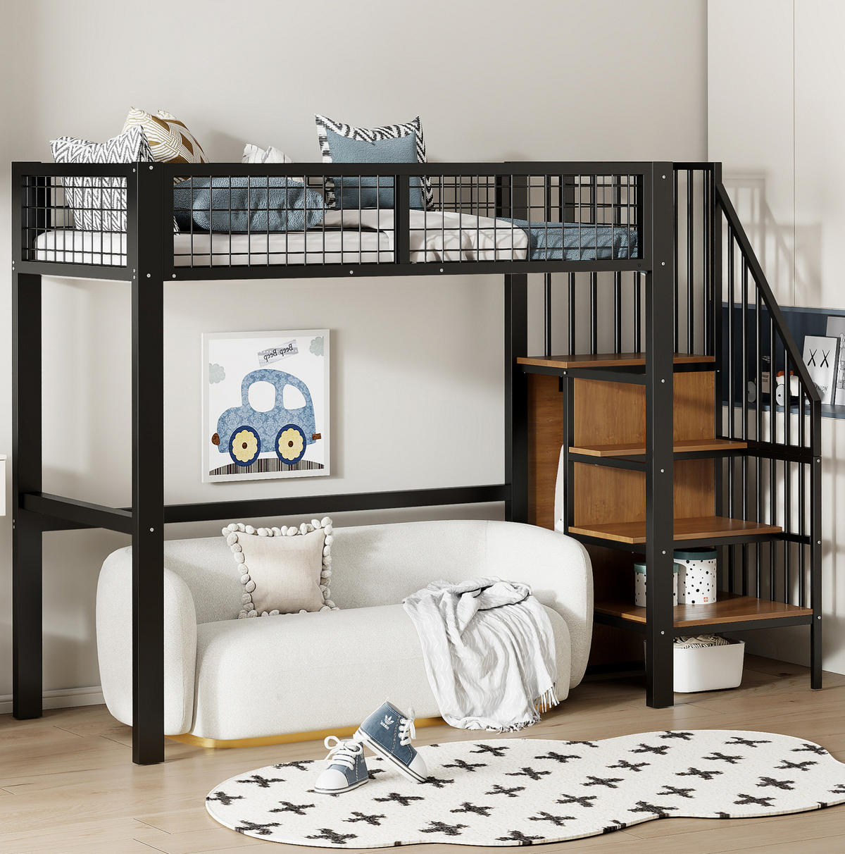 HOCHBETT 90/200 cm aus Metall mit Leiter und Kleiderschrank in Schwarz - Schwarz, Metall (90/200cm) - Flora Grace