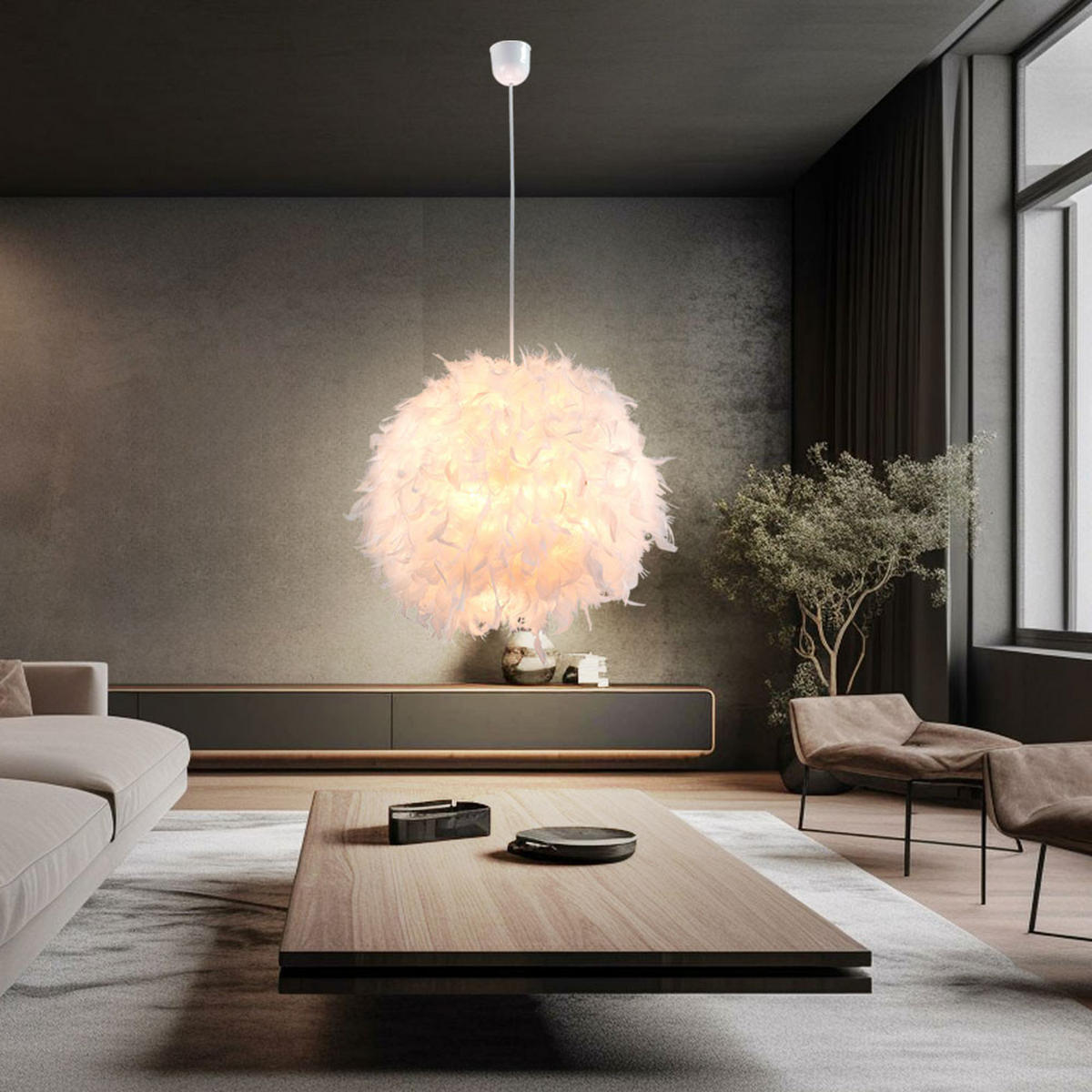 HÄNGELEUCHTE KATUNGA Federn Weiß - Weiß, Metall (45/45/120cm) - Globo Lighting