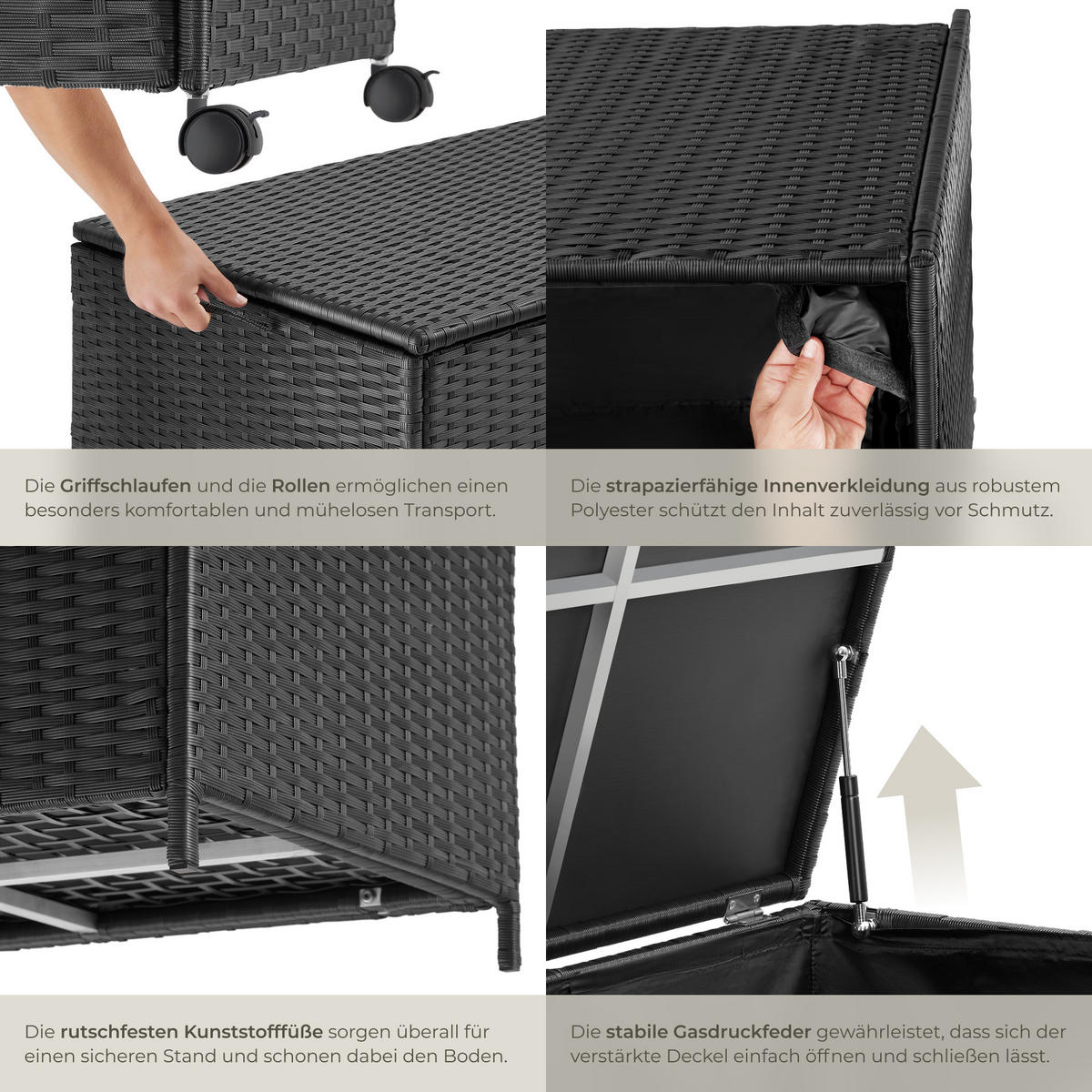 AUFLAGENBOX Kuusamo,117 x 54 x 64 cm,schwarz - Schwarz, Kunststoff (54.5/63/117cm) - tectake