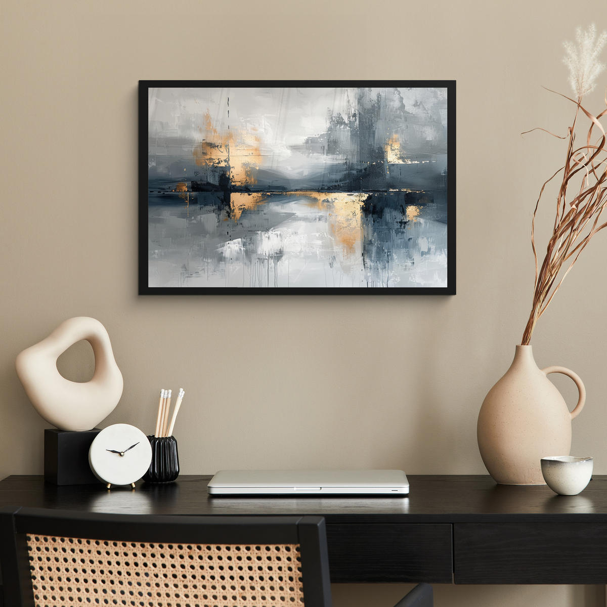ZARÁMOVANÝ PLAGÁT Umenie - sivé - zlaté - abstraktné 60x40 cm - tmavosivá, papier (60/40cm) - MuchoWow