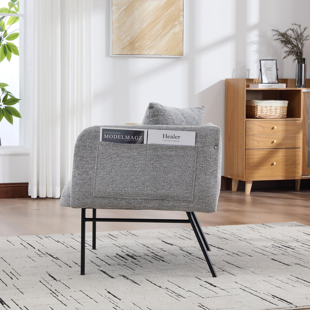 SESSEL Chenille Grau mit Beistelltisch und Seitentaschen - Grau, Textil/Metall (86/71/72cm) - WISHDOR