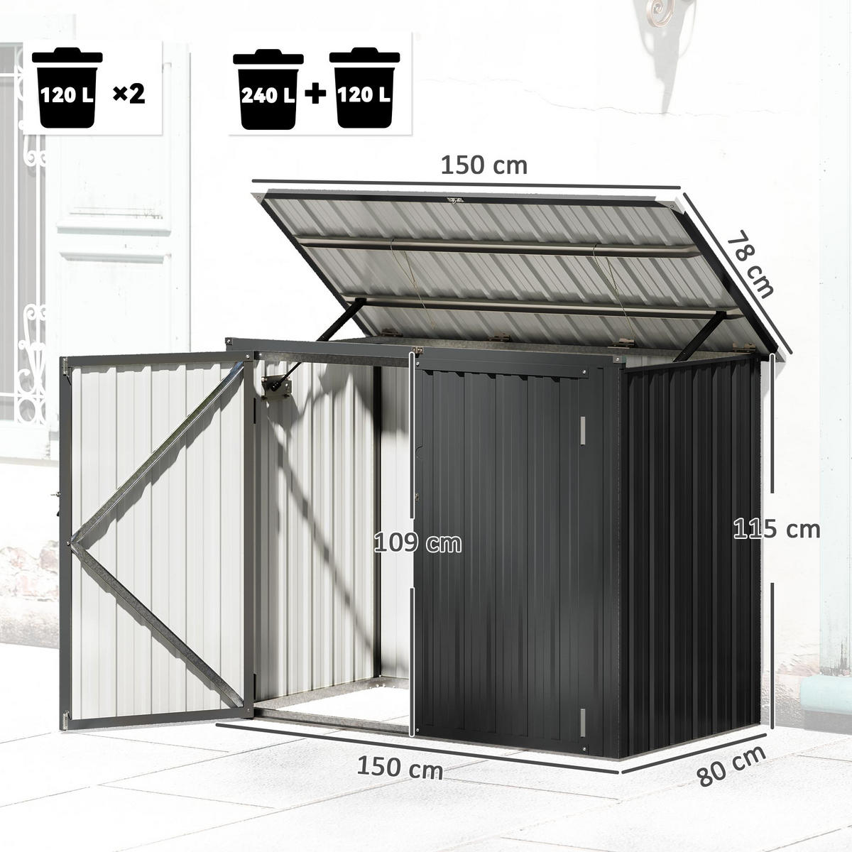 MÜLLTONNENBOX DE-16902 für 2 Tonnen mit Doppeltür & Schloss - Dunkelgrau, Metall (80/117/150cm) - ComfortXL