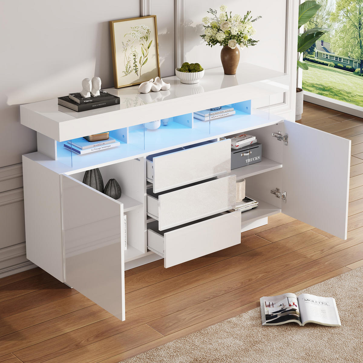 SIDEBOARD LED Weiß 16 Farben Hochglanz Acryl 140x35x80cm - Weiß, Holzwerkstoff (35/80/140cm) - FLIEKS