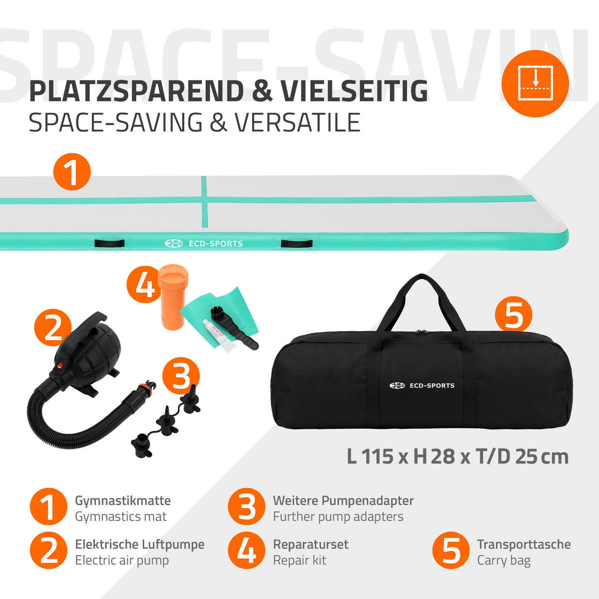 NAFUKOVACÍ gymnastická podložka Airtrack 500 x 100 x 10 cm, mintově zelená - zelená barva, plast (100/500cm) - ECD-Germany