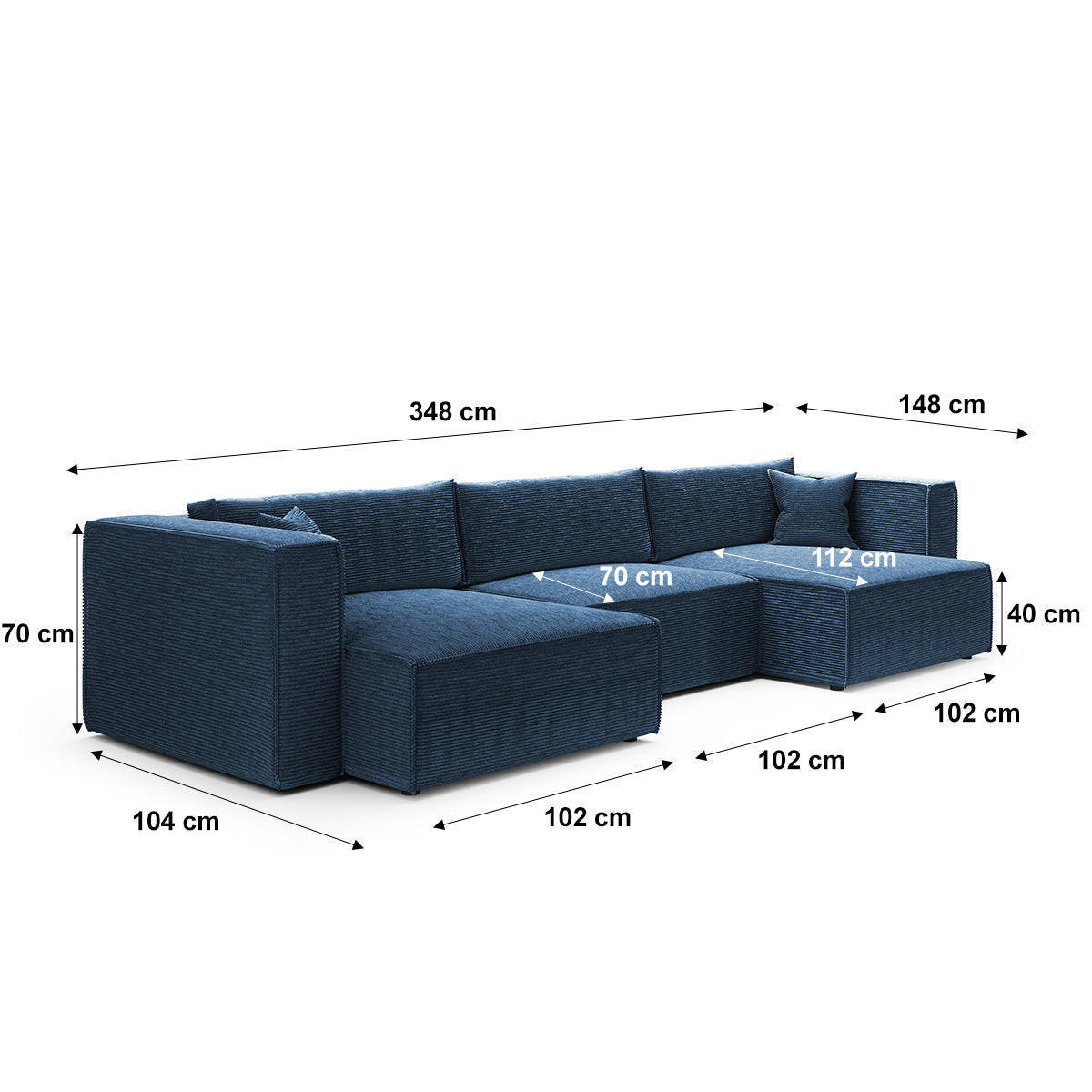 PANORAMSKA SOFA Jimmy 5 mjesta za sjedenje Plavo - plava, drvo (348/77/148cm) - Petits-meubles