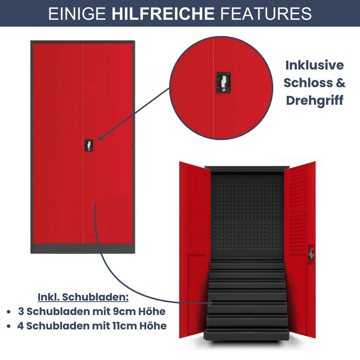WERKZEUGSCHRANK mit Schubladen TOM 185x92x50cm Anthrazit-Rot - Anthrazit, Metall (92/185/50cm) - DELUKE