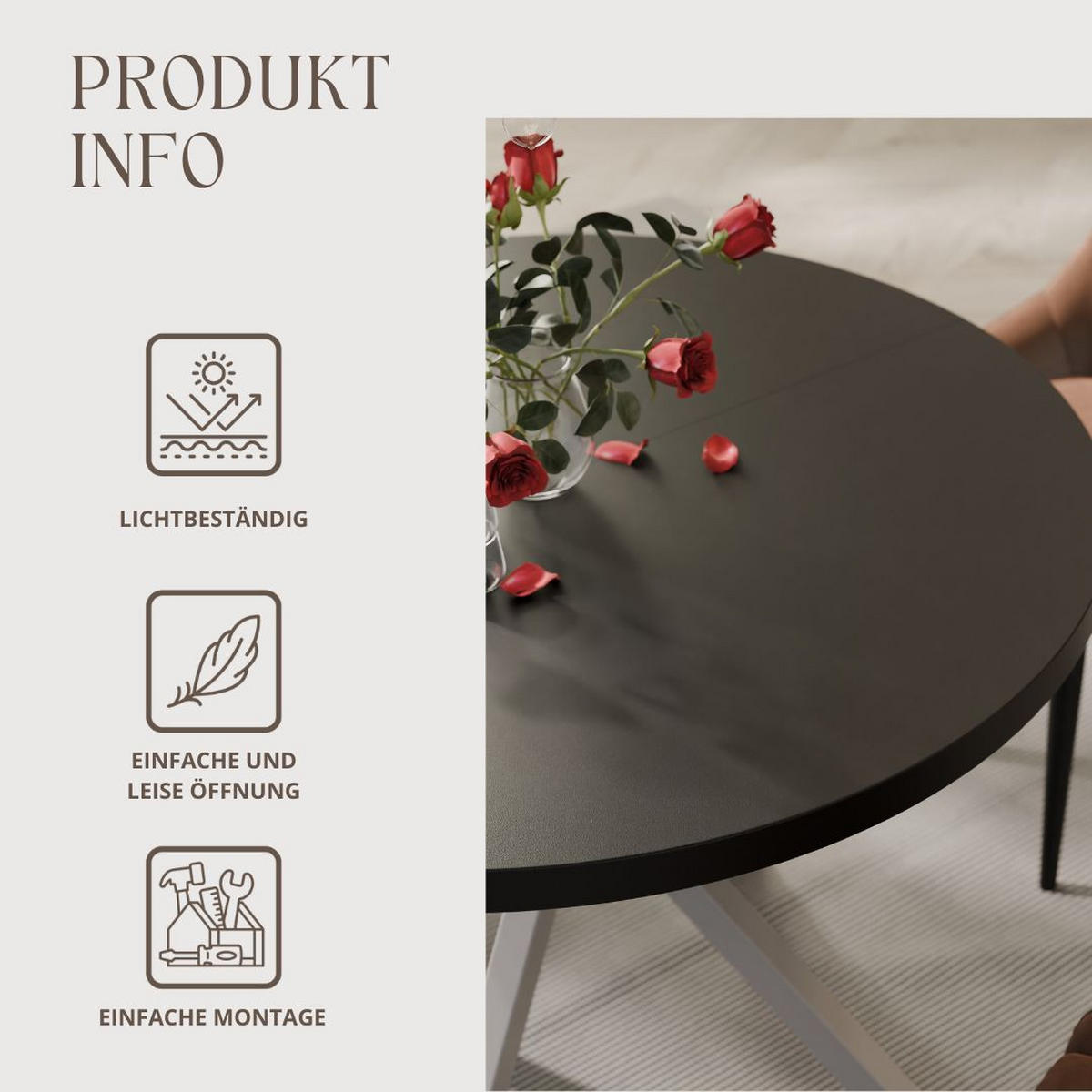 AUSZIEHTISCH MILTON 90-166/76 cm mit Metallgestell, Kaschmir / Schwarz Molet - Kaschmir/Schwarz, Holzwerkstoff/Metall (90/90/76cm) - Idohome