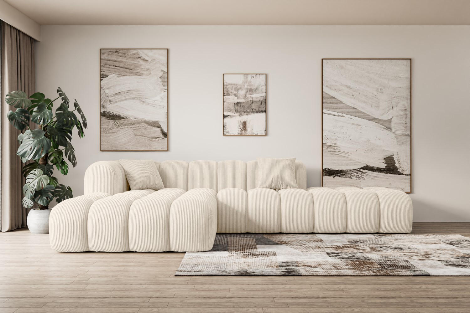 ECKSOFA Ottomane Links OLEA-L2 - 289x176x71 cm Beige Cord - Beige/Schwarz, Holzwerkstoff/Kunststoff (176/289cm) - ALTDECOR