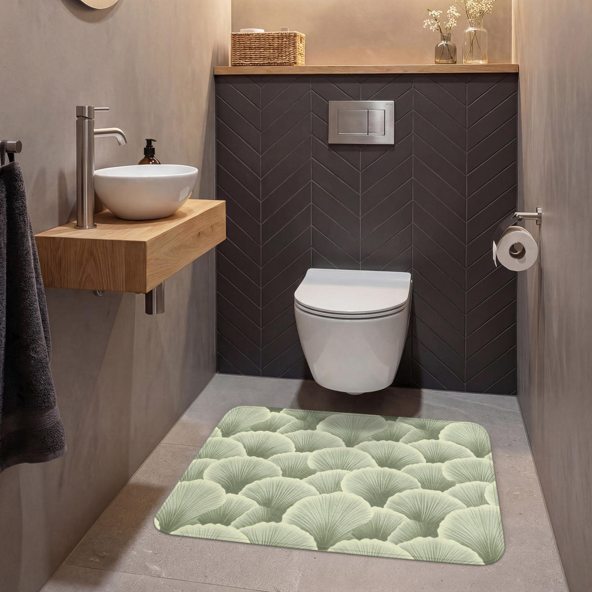WC PŘEDLOŽKA Vějíř - list - zelený 90x60 cm - pastelově zelená, textil/plast (90/1cm) - OnlyWow