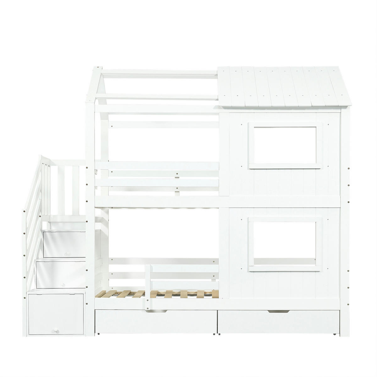ETAGENBETT aus Kiefer und MDF 90x200 cm Weiß mit Treppenschrank, Rollschublade, Dach und Fenstern - Weiß, Holzwerkstoff (90/200cm) - Modfu